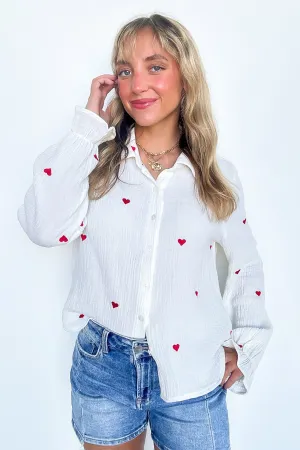 All You Need is Love Heart Embroidered Button Down