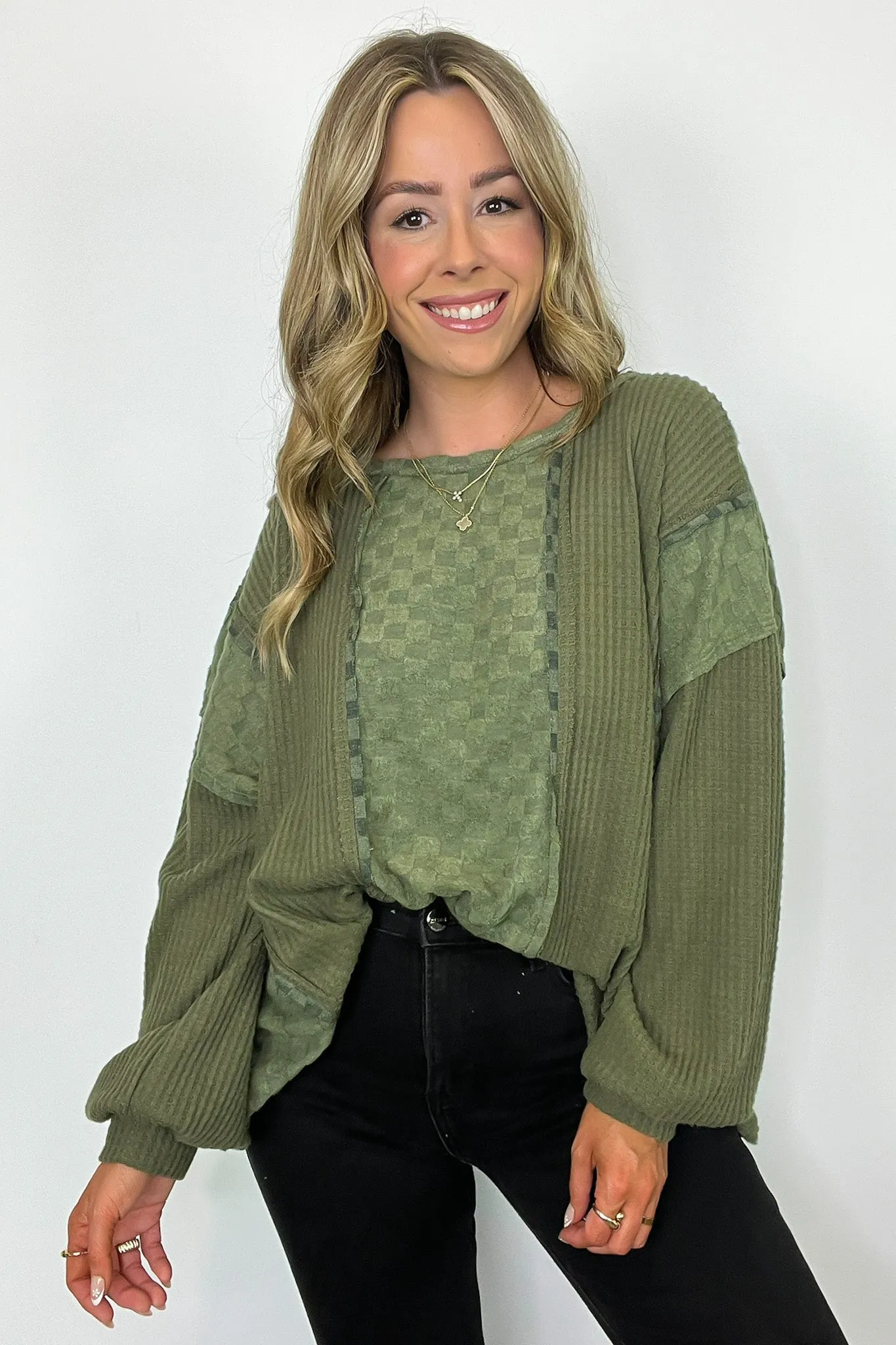 Allie Brushed Check Waffle Knit Top - BACK IN STOCK