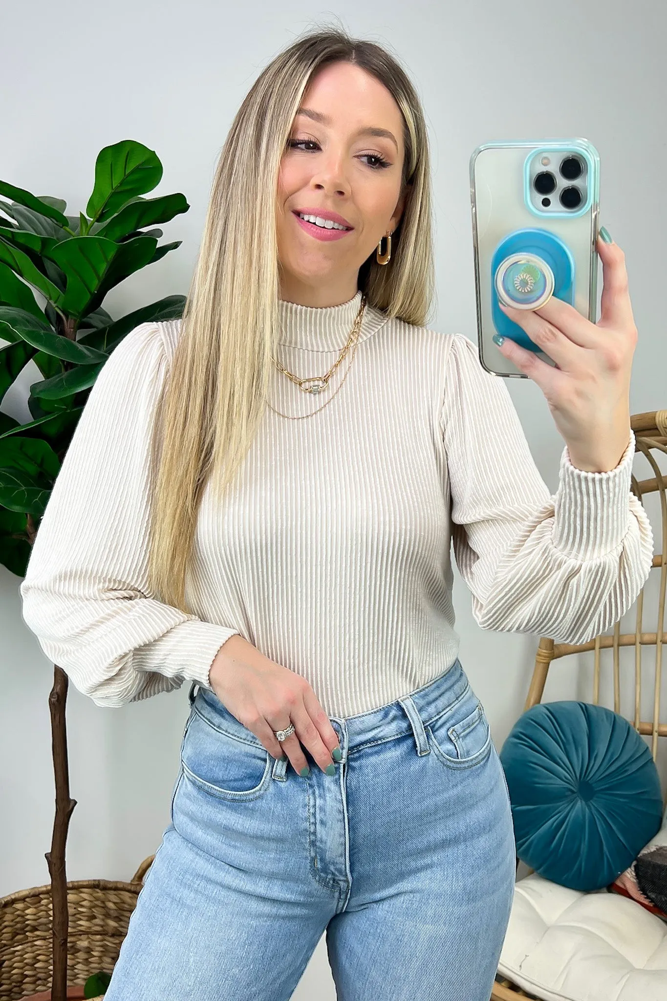 Alondrah Ribbed Mock Neck Puff Sleeve Top - FINAL SALE