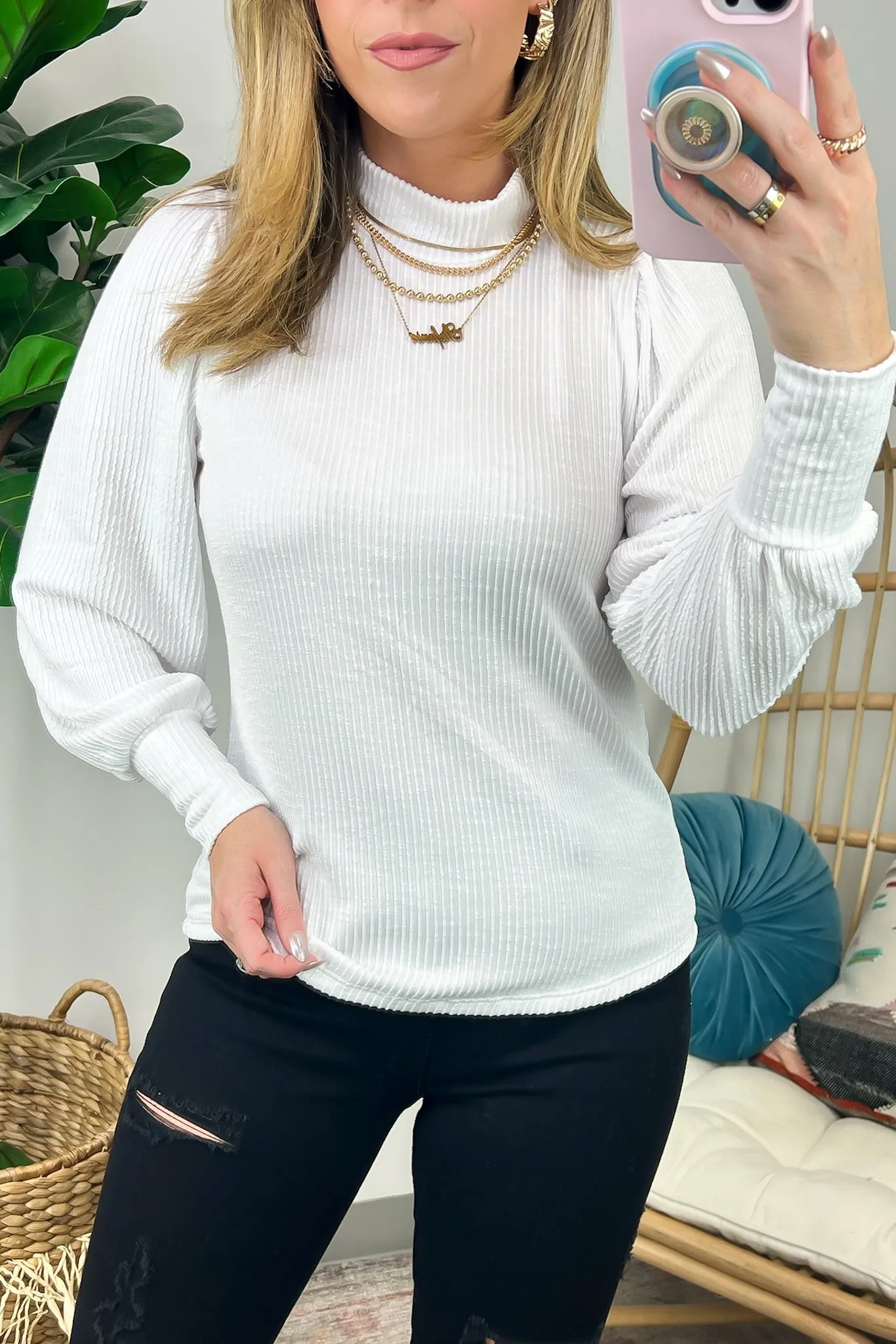 Alondrah Ribbed Mock Neck Puff Sleeve Top - FINAL SALE