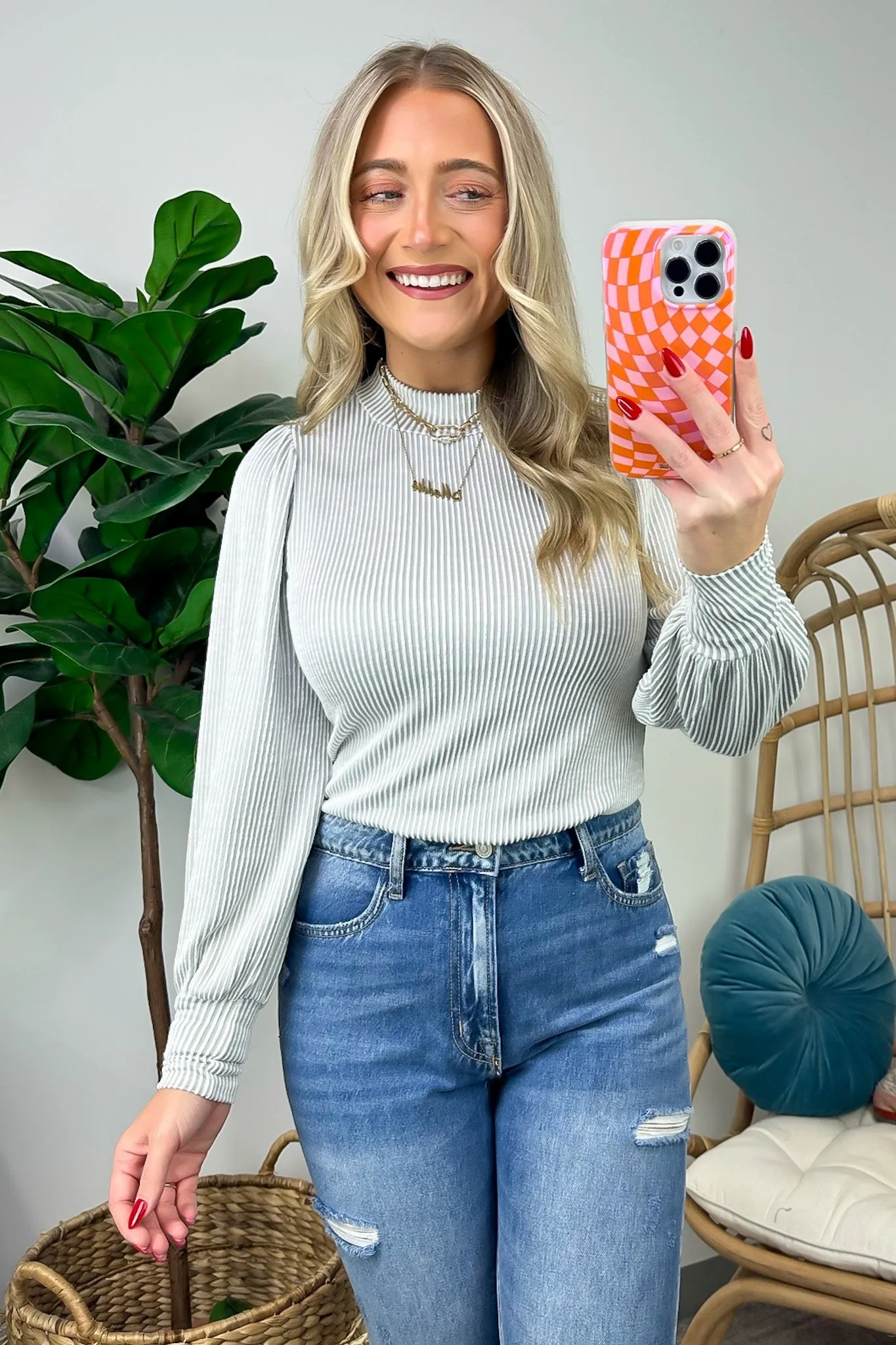Alondrah Ribbed Mock Neck Puff Sleeve Top - FINAL SALE
