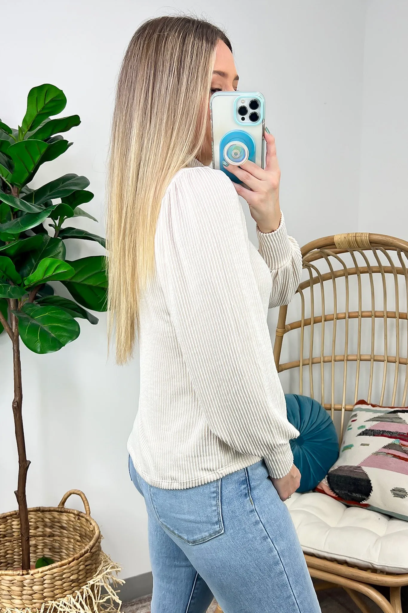 Alondrah Ribbed Mock Neck Puff Sleeve Top - FINAL SALE