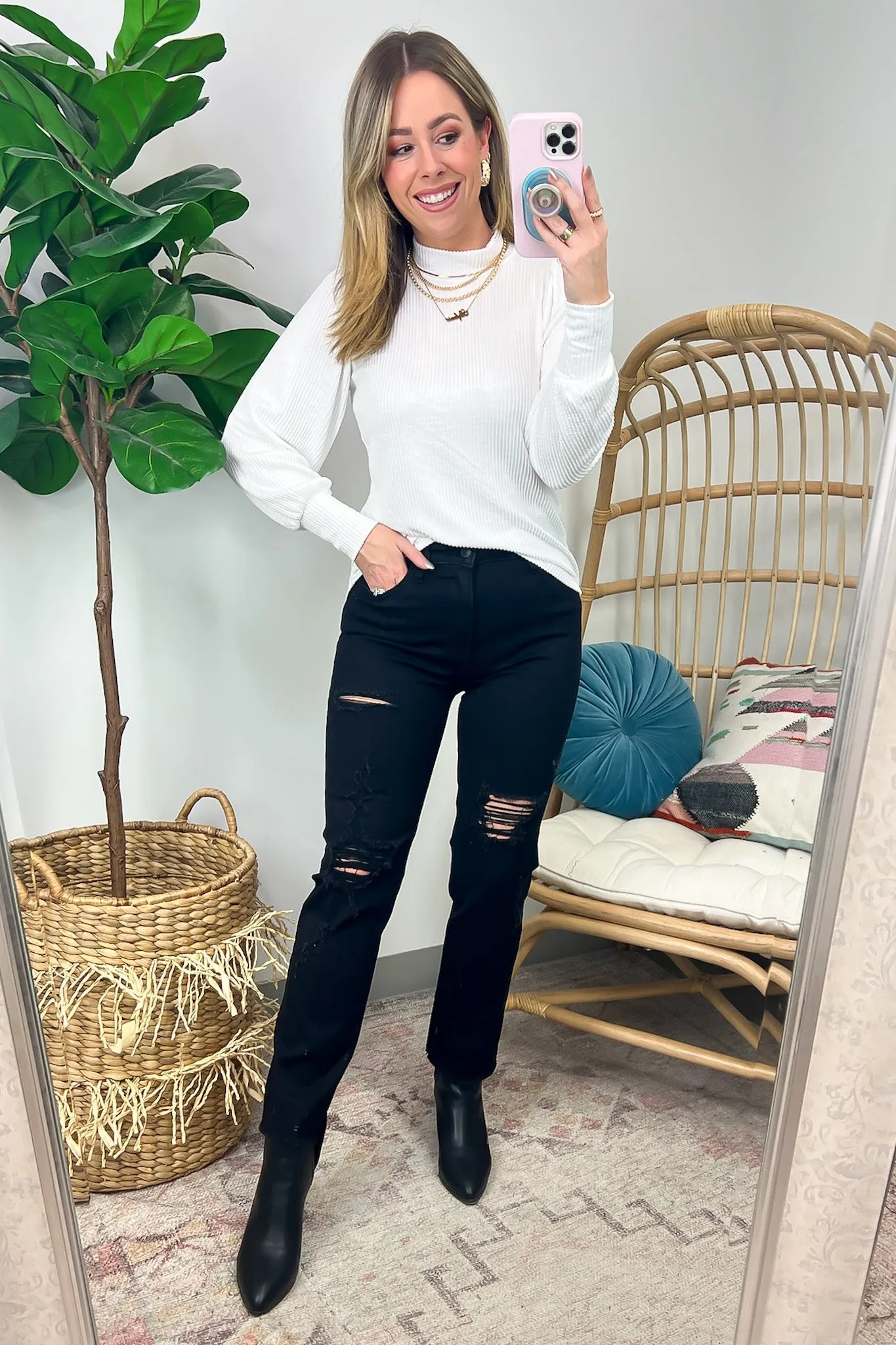 Alondrah Ribbed Mock Neck Puff Sleeve Top - FINAL SALE