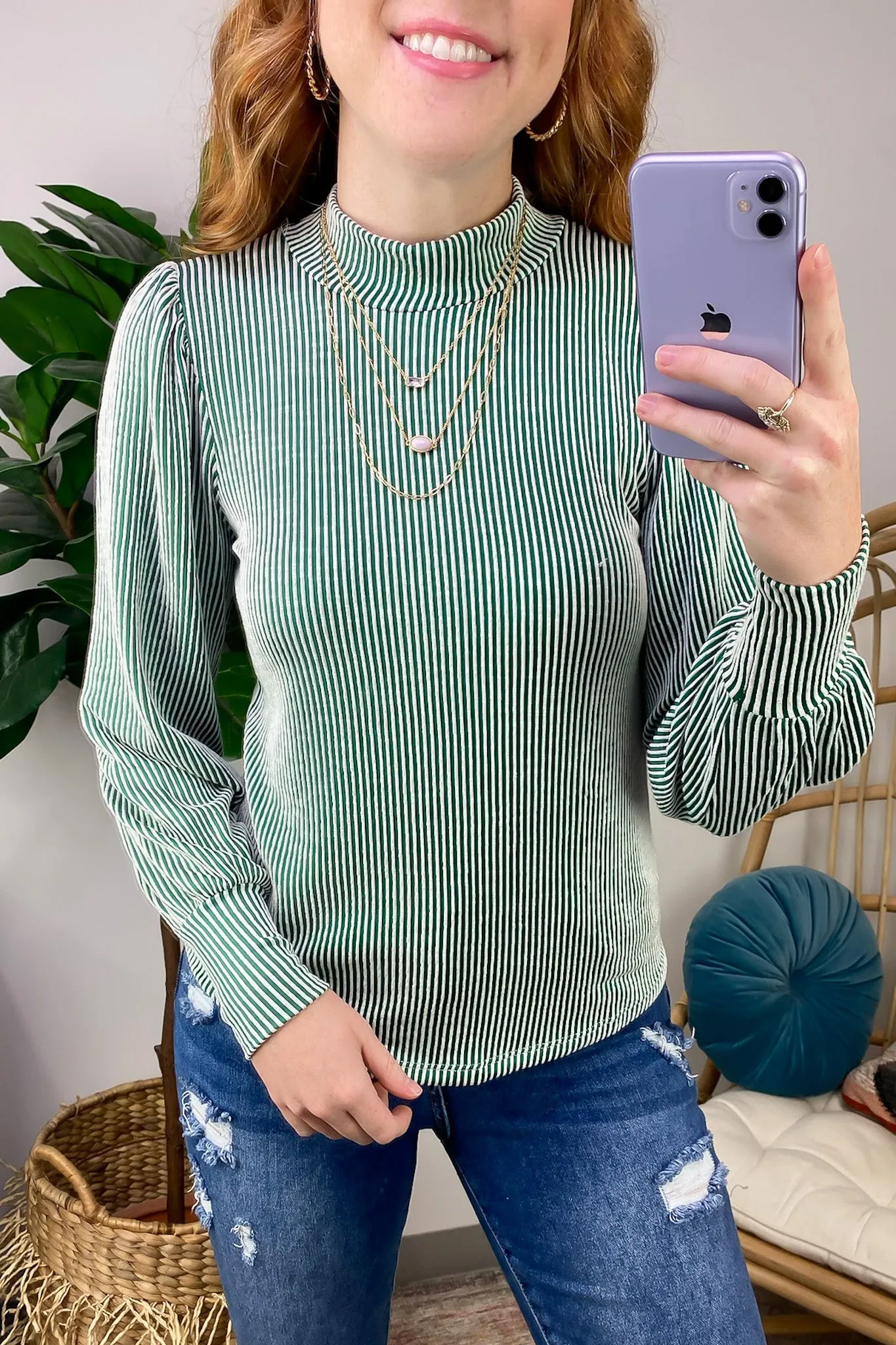 Alondrah Ribbed Mock Neck Puff Sleeve Top - FINAL SALE