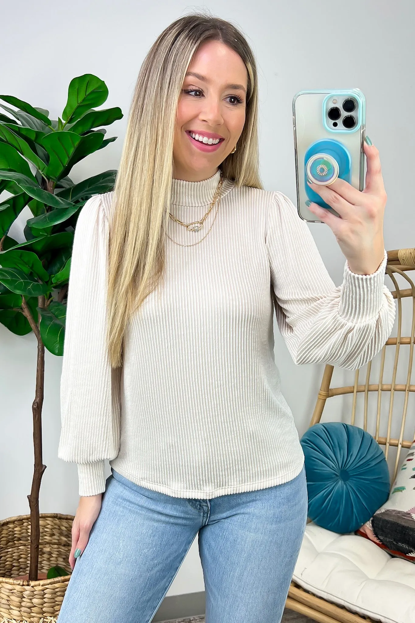 Alondrah Ribbed Mock Neck Puff Sleeve Top - FINAL SALE