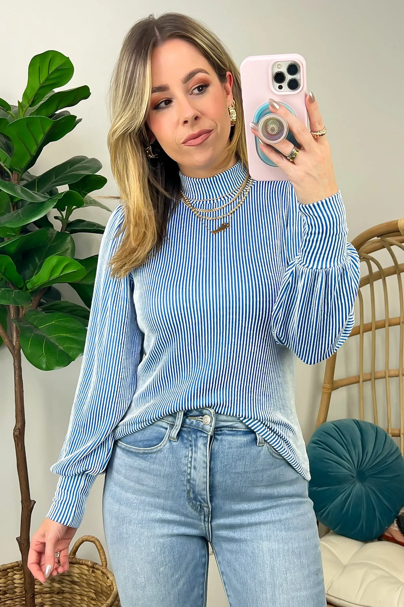 Alondrah Ribbed Mock Neck Puff Sleeve Top - FINAL SALE