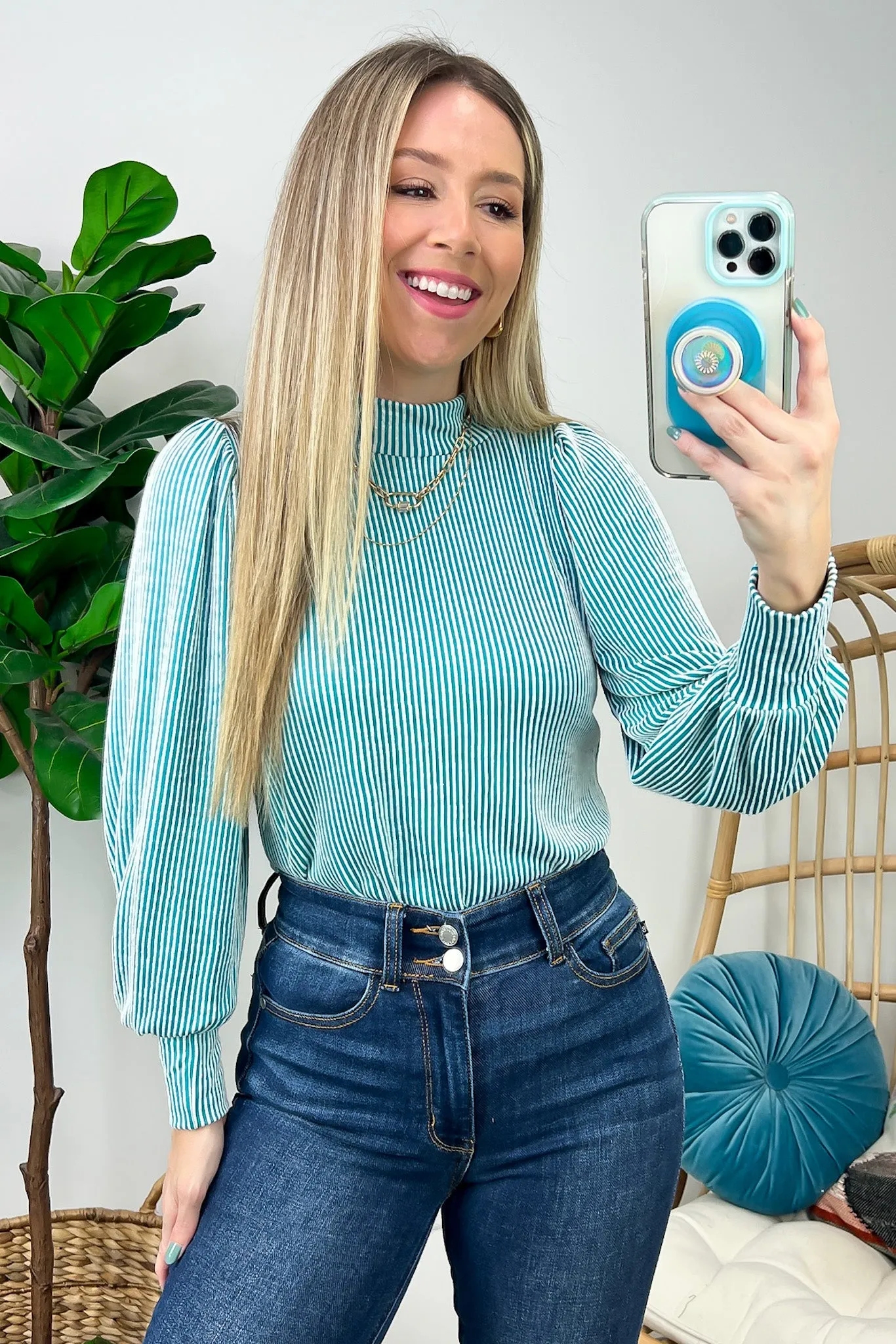 Alondrah Ribbed Mock Neck Puff Sleeve Top - FINAL SALE
