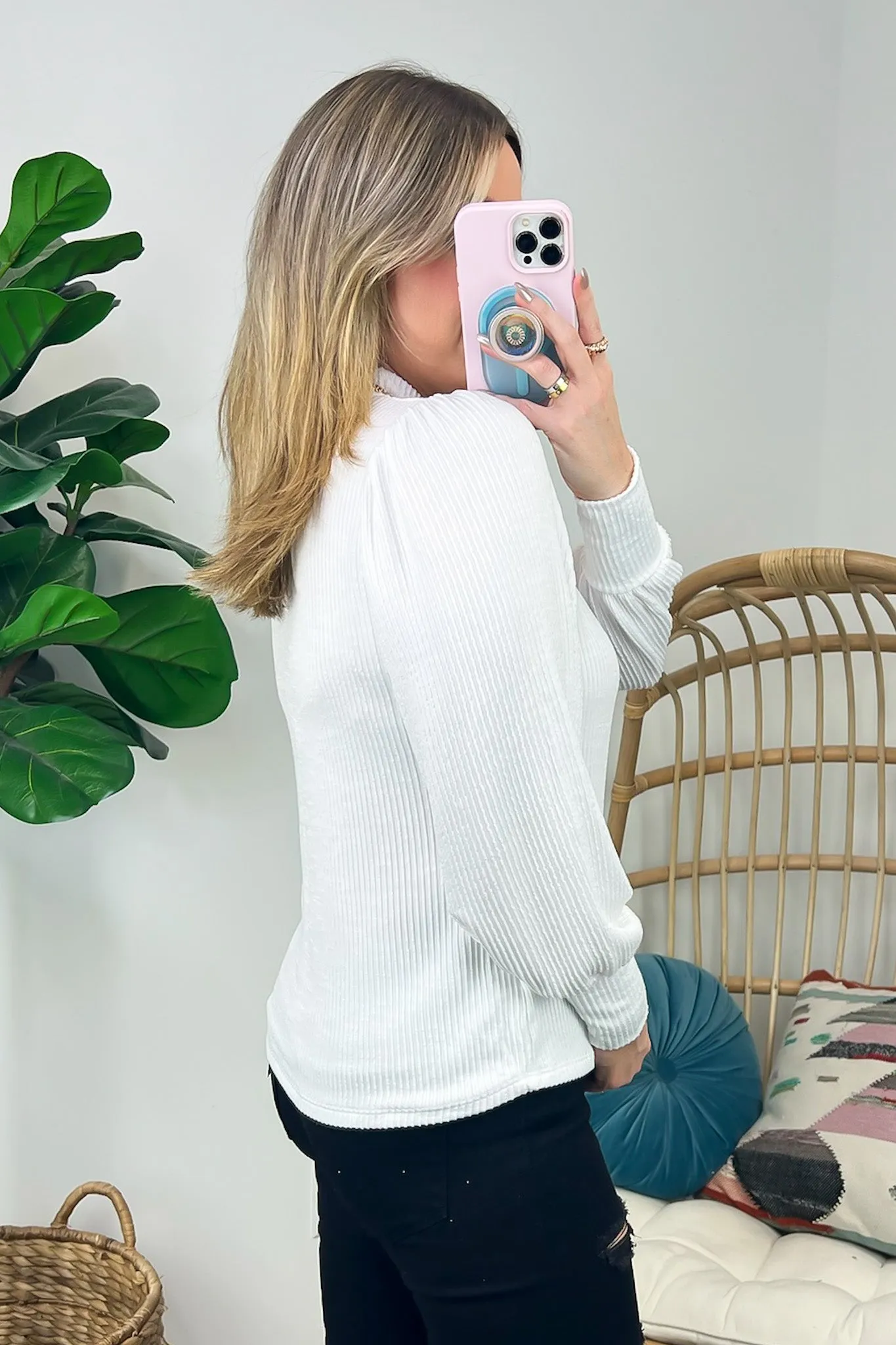 Alondrah Ribbed Mock Neck Puff Sleeve Top - FINAL SALE