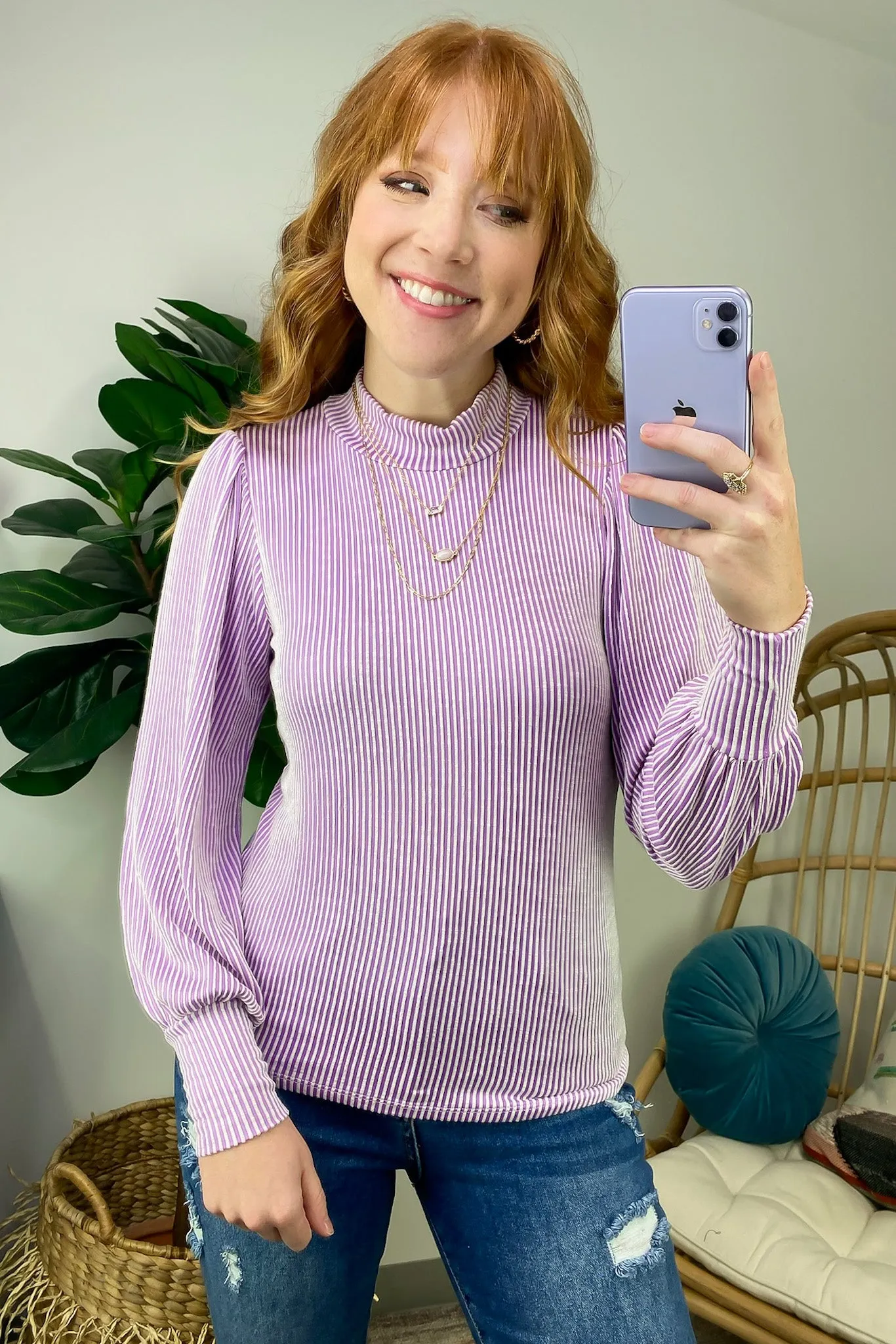 Alondrah Ribbed Mock Neck Puff Sleeve Top - FINAL SALE