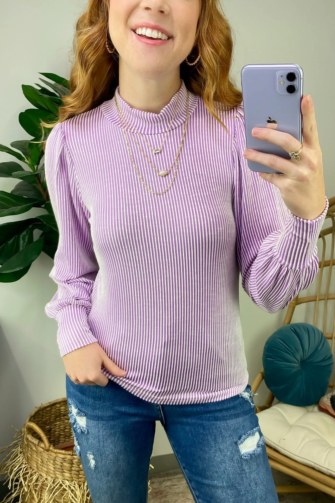 Alondrah Ribbed Mock Neck Puff Sleeve Top - FINAL SALE