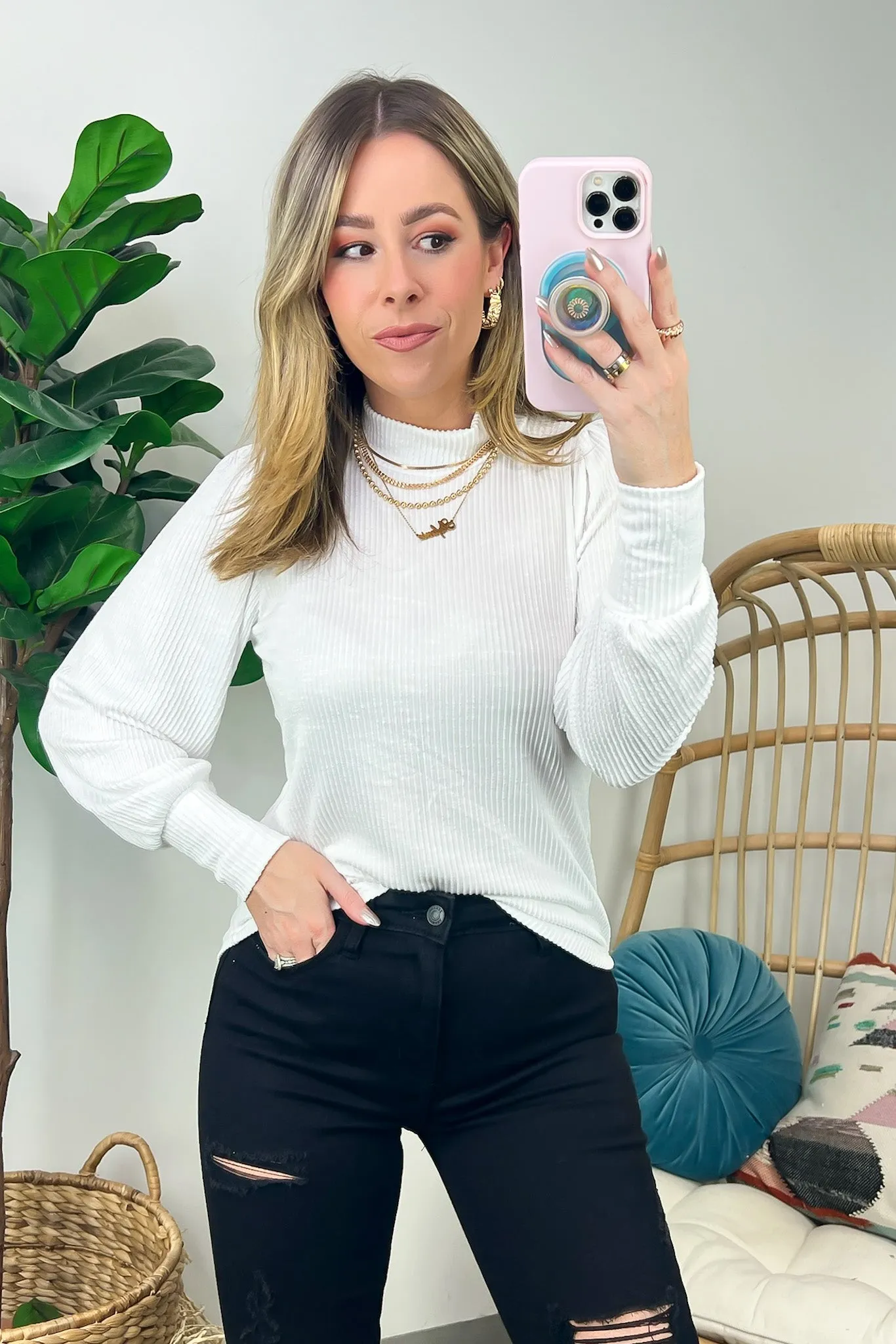 Alondrah Ribbed Mock Neck Puff Sleeve Top - FINAL SALE