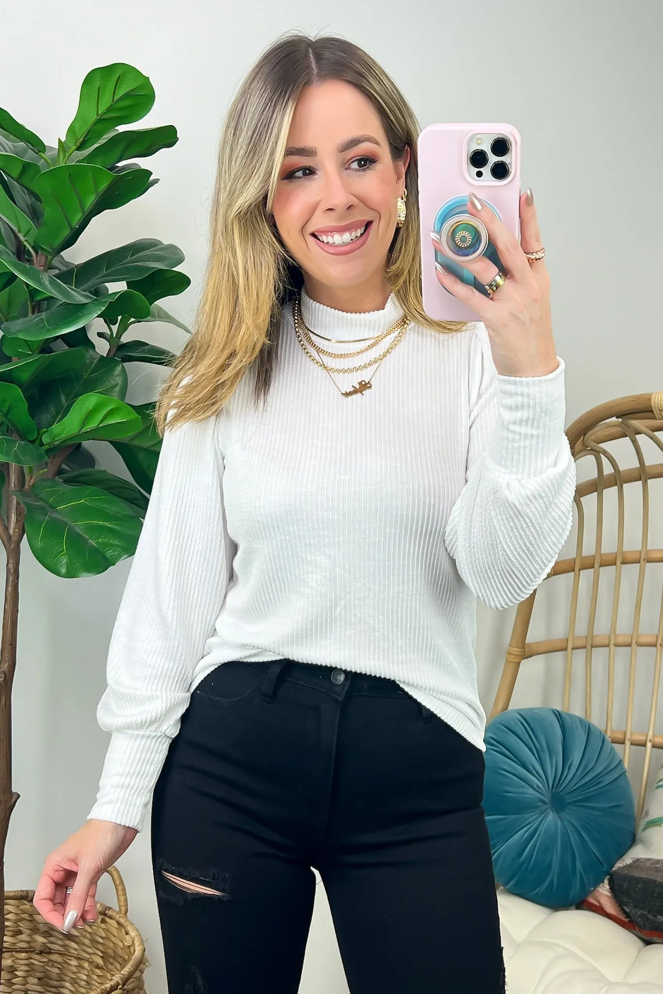 Alondrah Ribbed Mock Neck Puff Sleeve Top - FINAL SALE