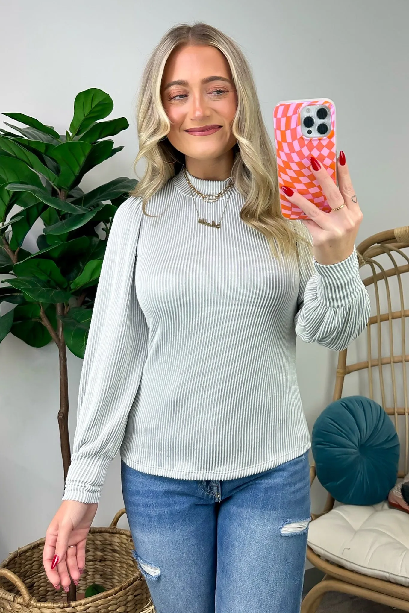 Alondrah Ribbed Mock Neck Puff Sleeve Top - FINAL SALE