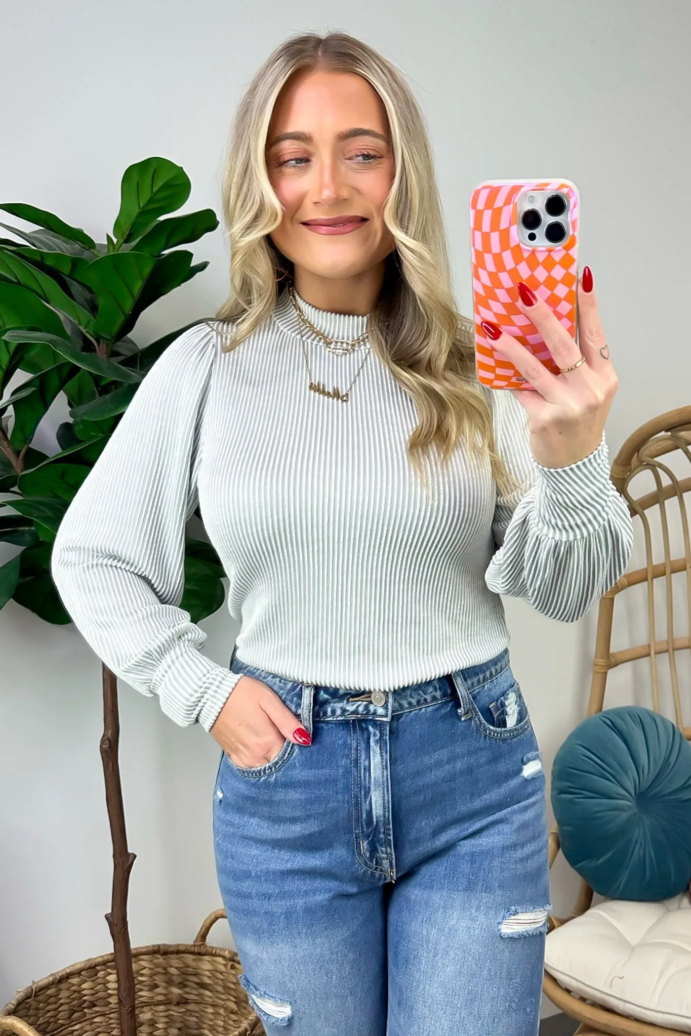 Alondrah Ribbed Mock Neck Puff Sleeve Top - FINAL SALE