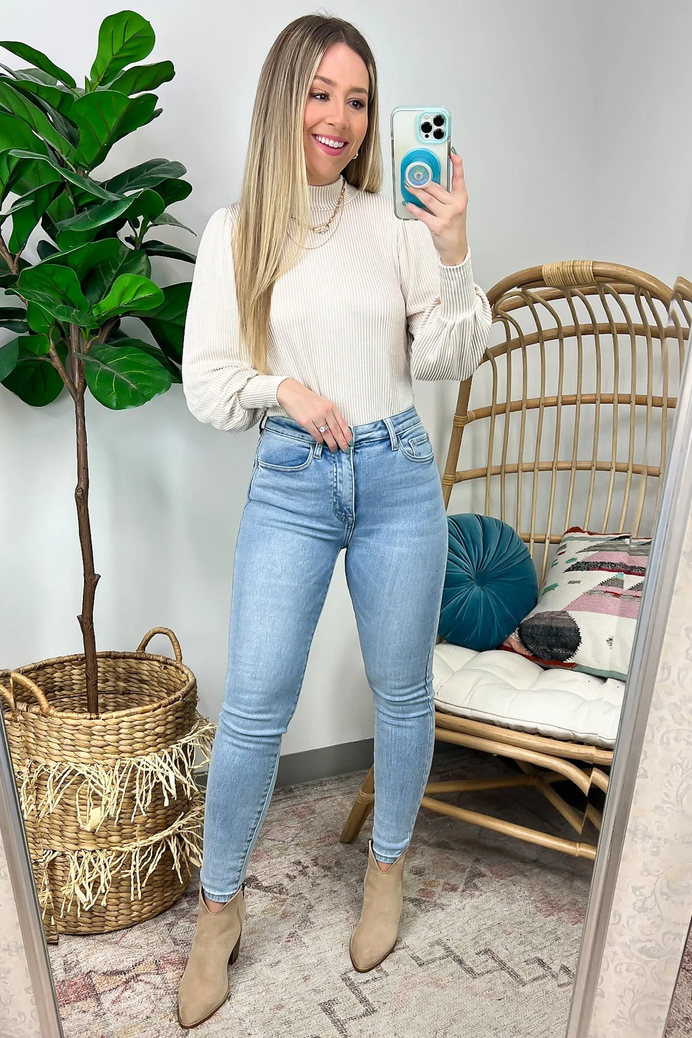 Alondrah Ribbed Mock Neck Puff Sleeve Top - FINAL SALE