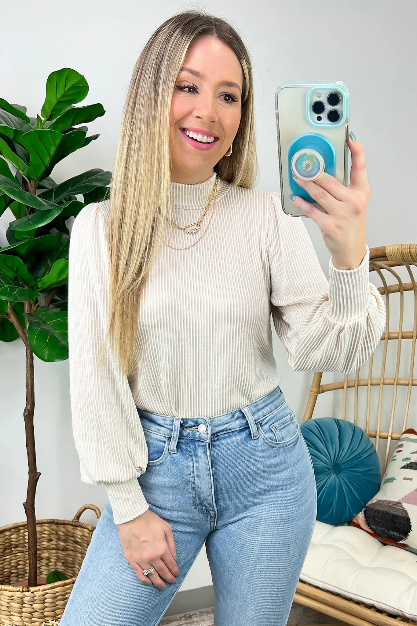 Alondrah Ribbed Mock Neck Puff Sleeve Top - FINAL SALE
