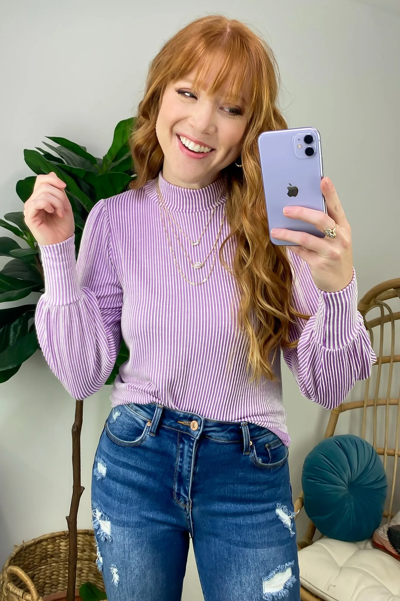 Alondrah Ribbed Mock Neck Puff Sleeve Top - FINAL SALE