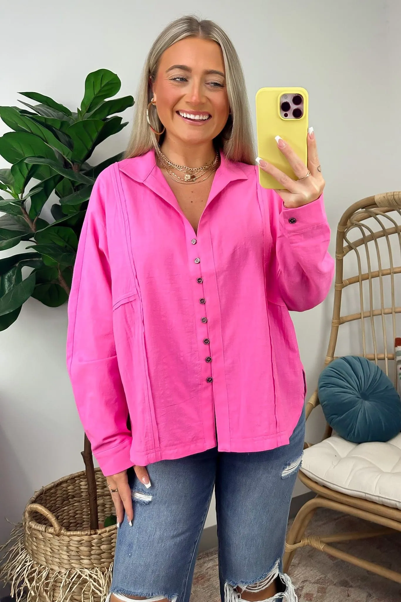 Anara Button Down Oversized Raw Edge Top - FINAL SALE