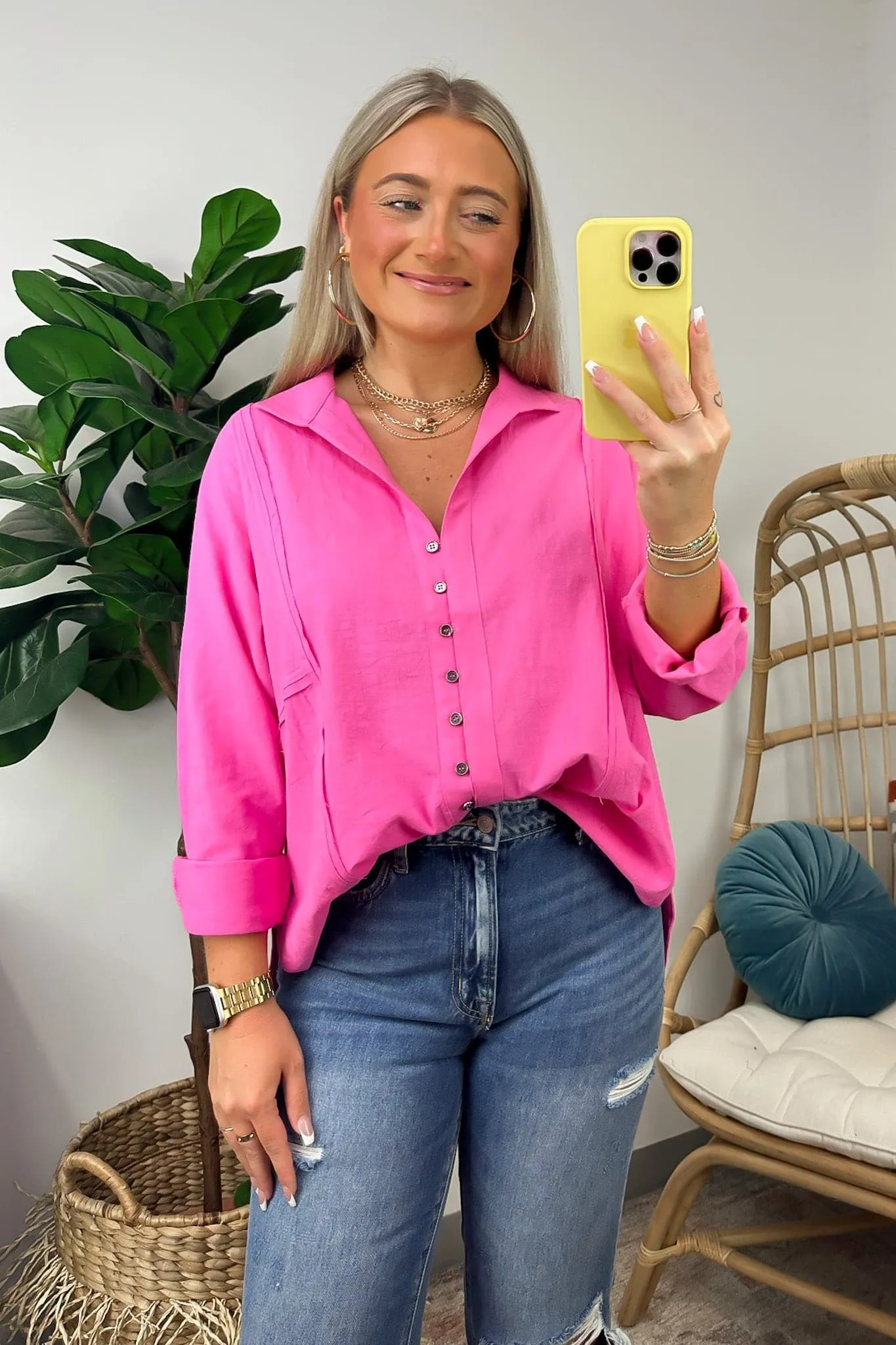 Anara Button Down Oversized Raw Edge Top - FINAL SALE