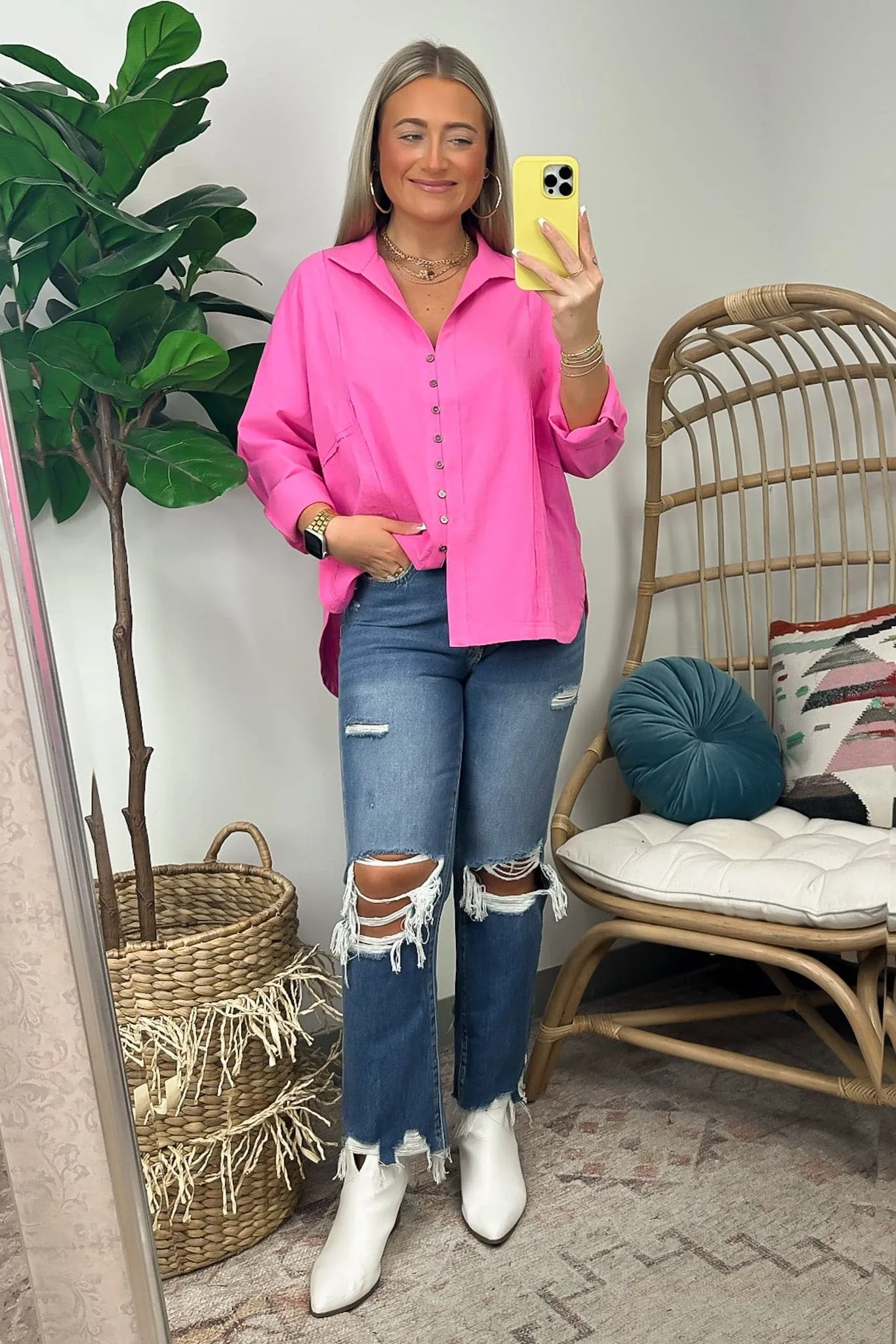 Anara Button Down Oversized Raw Edge Top - FINAL SALE