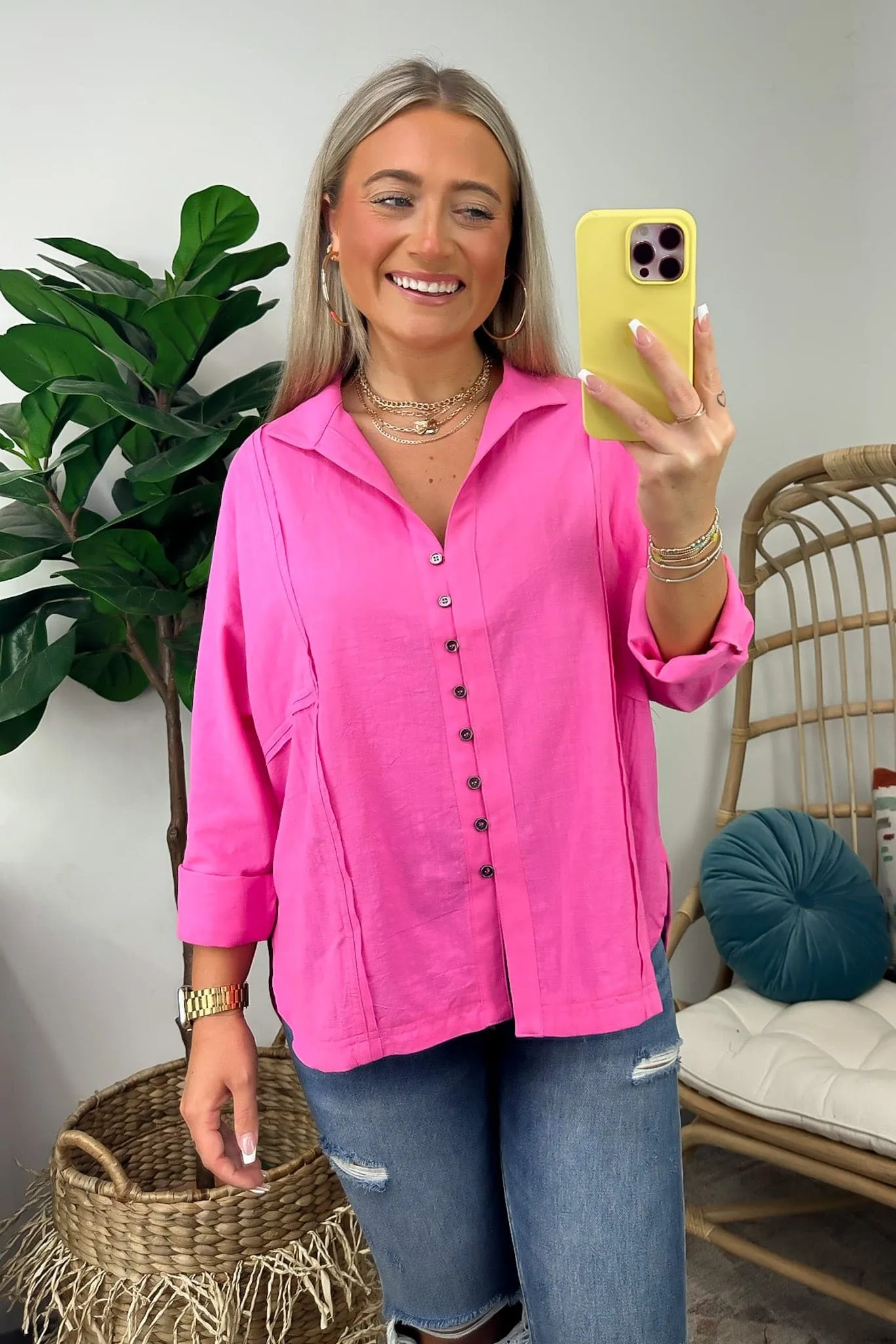 Anara Button Down Oversized Raw Edge Top - FINAL SALE