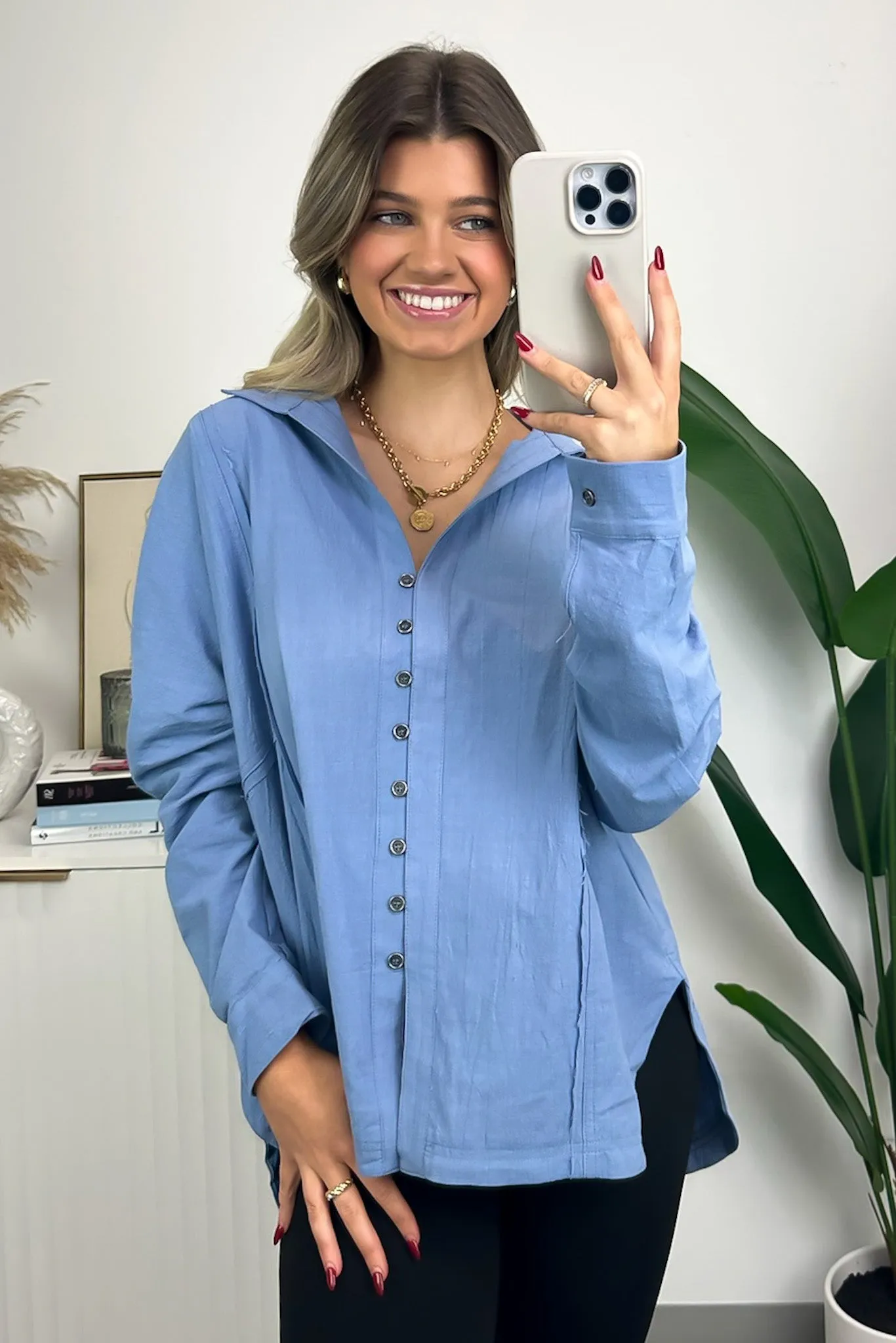 Anara Button Down Oversized Raw Edge Top - FINAL SALE