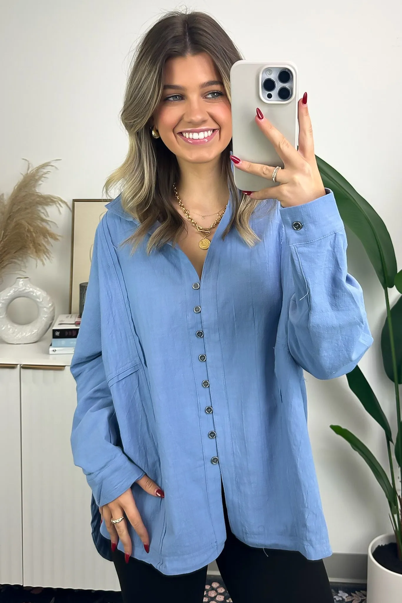 Anara Button Down Oversized Raw Edge Top - FINAL SALE