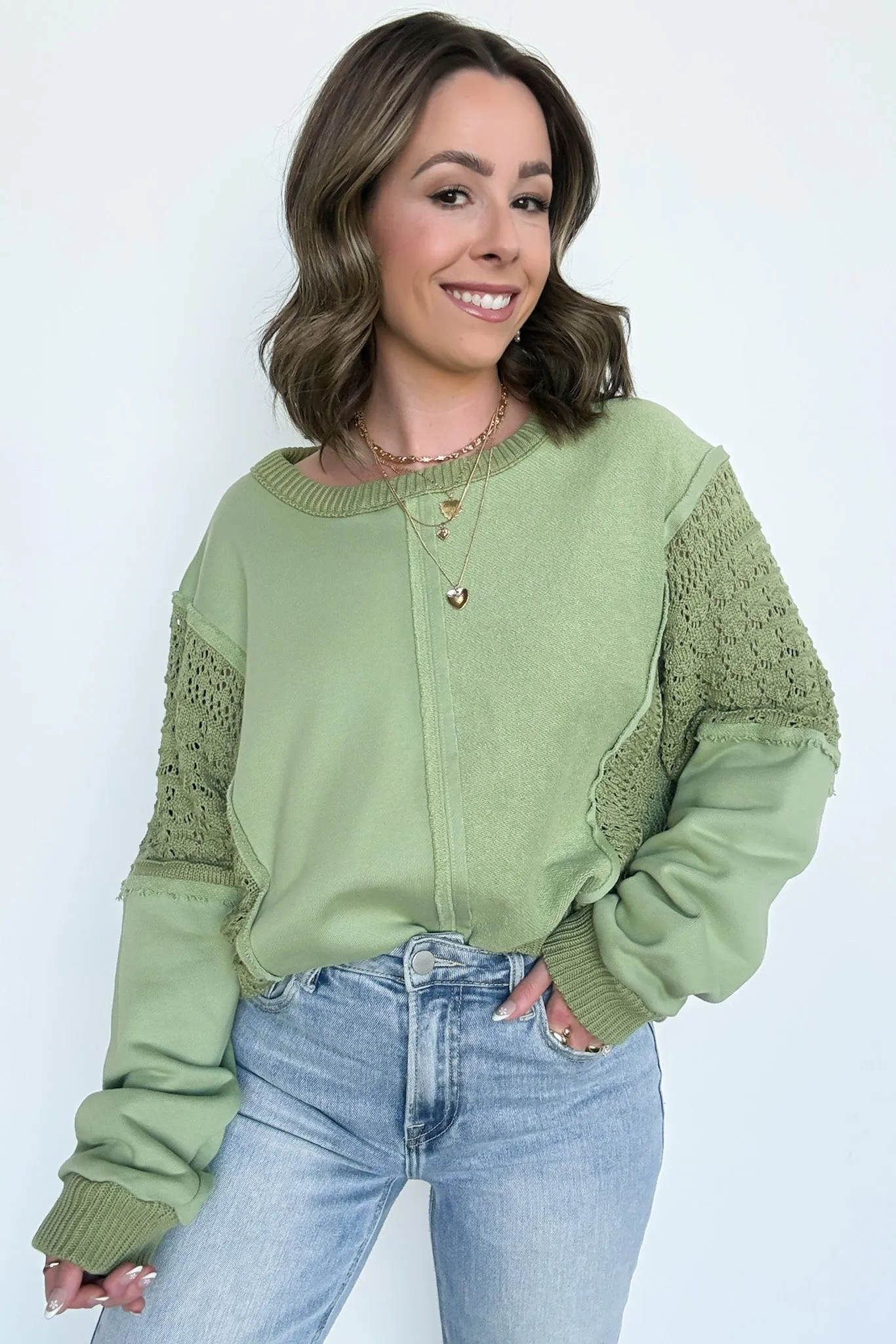 Arina Crochet Contrast Sleeve Pullover - FINAL SALE