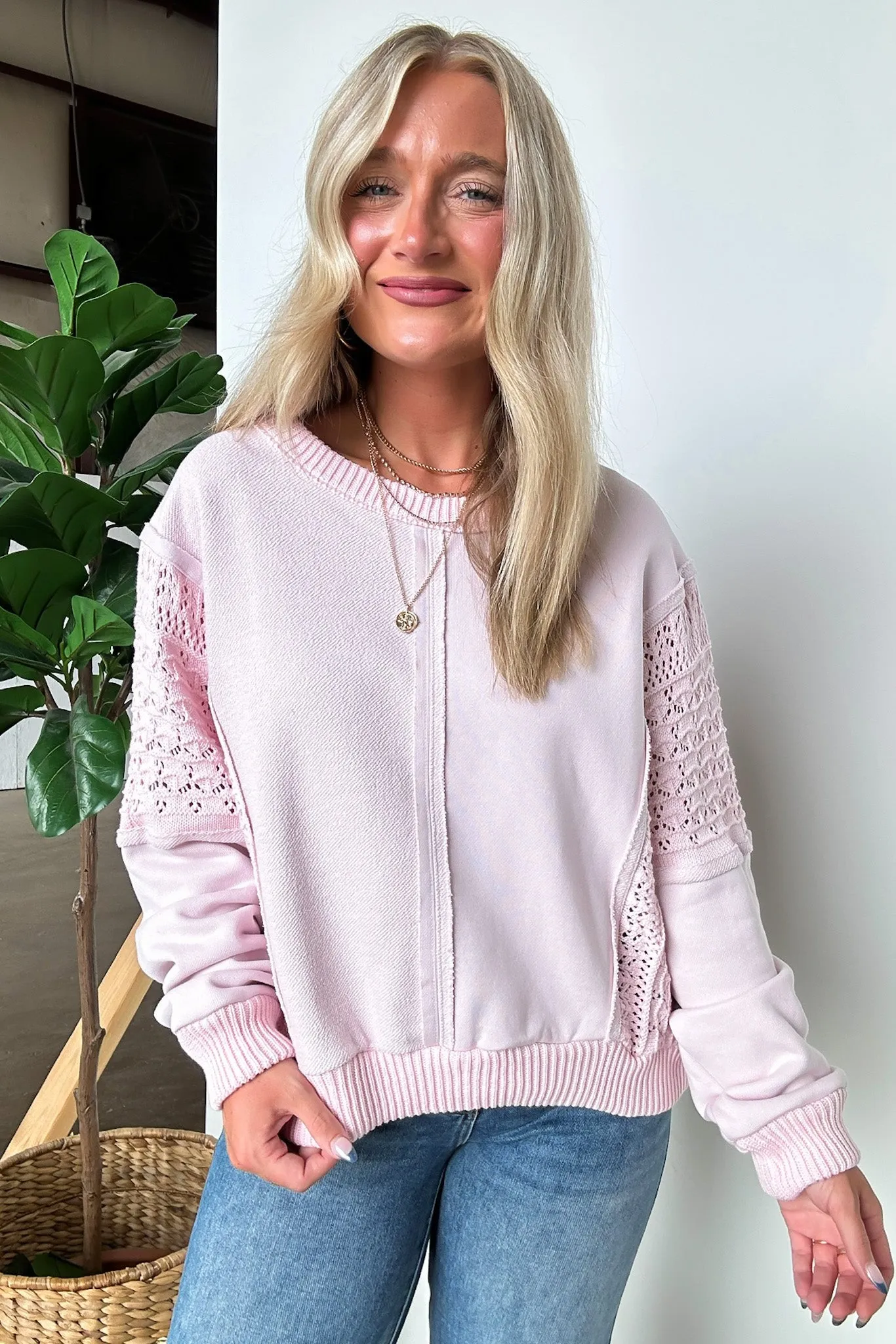 Arina Crochet Contrast Sleeve Pullover - FINAL SALE