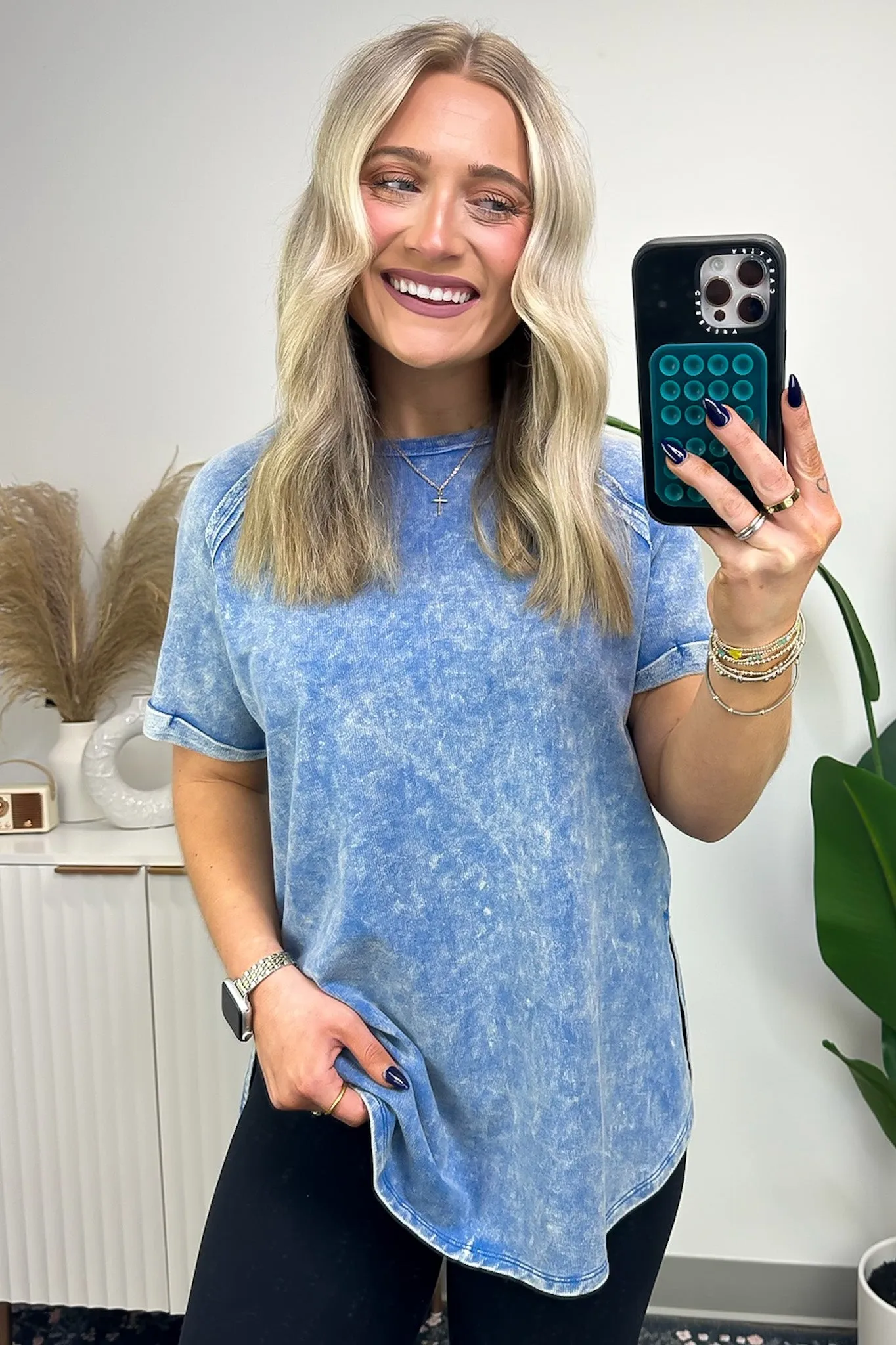 Ashlie Acid Wash Rolled Sleeve Top - BACK IN STOCK