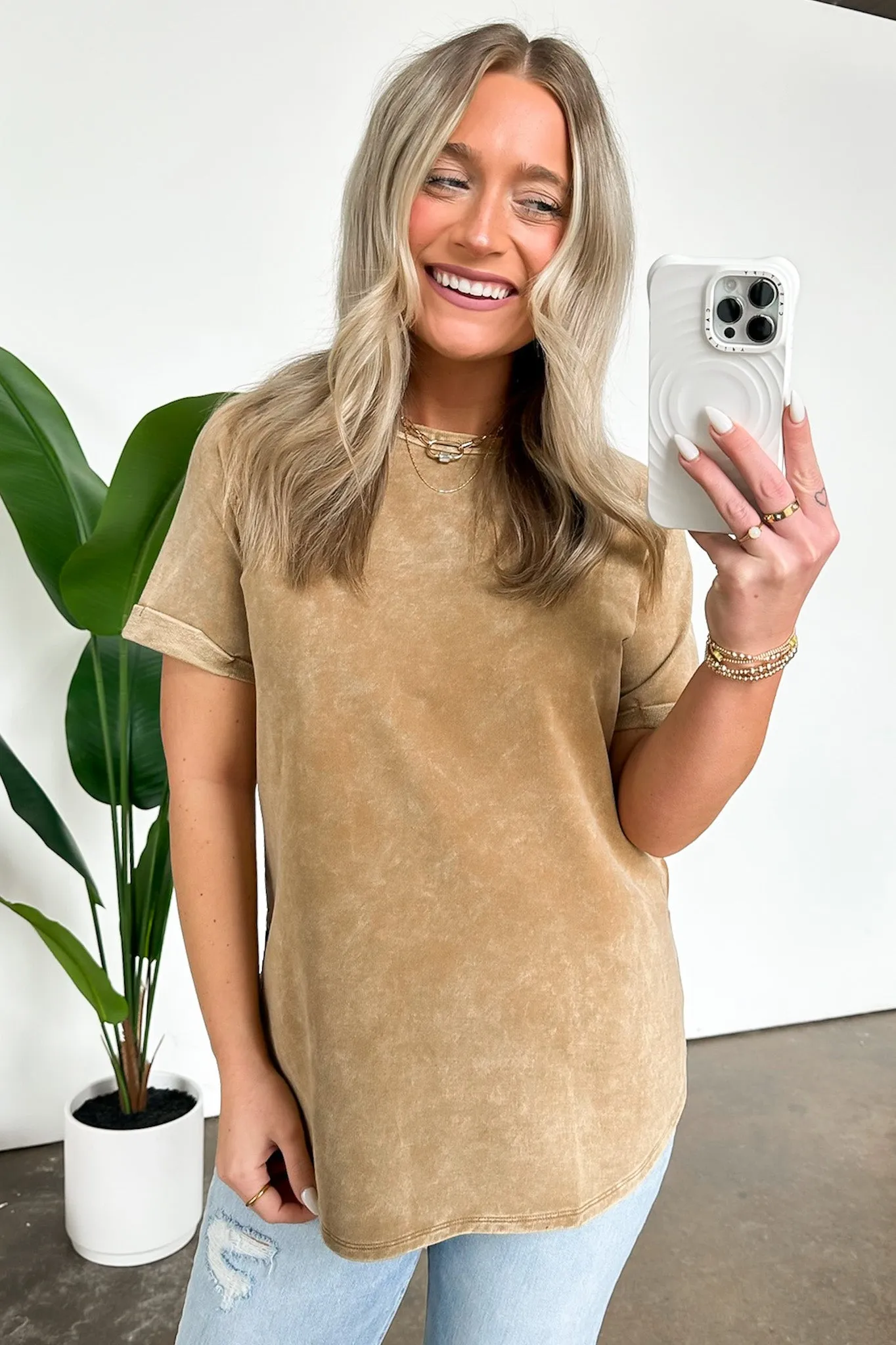 Ashlie Acid Wash Rolled Sleeve Top - BACK IN STOCK