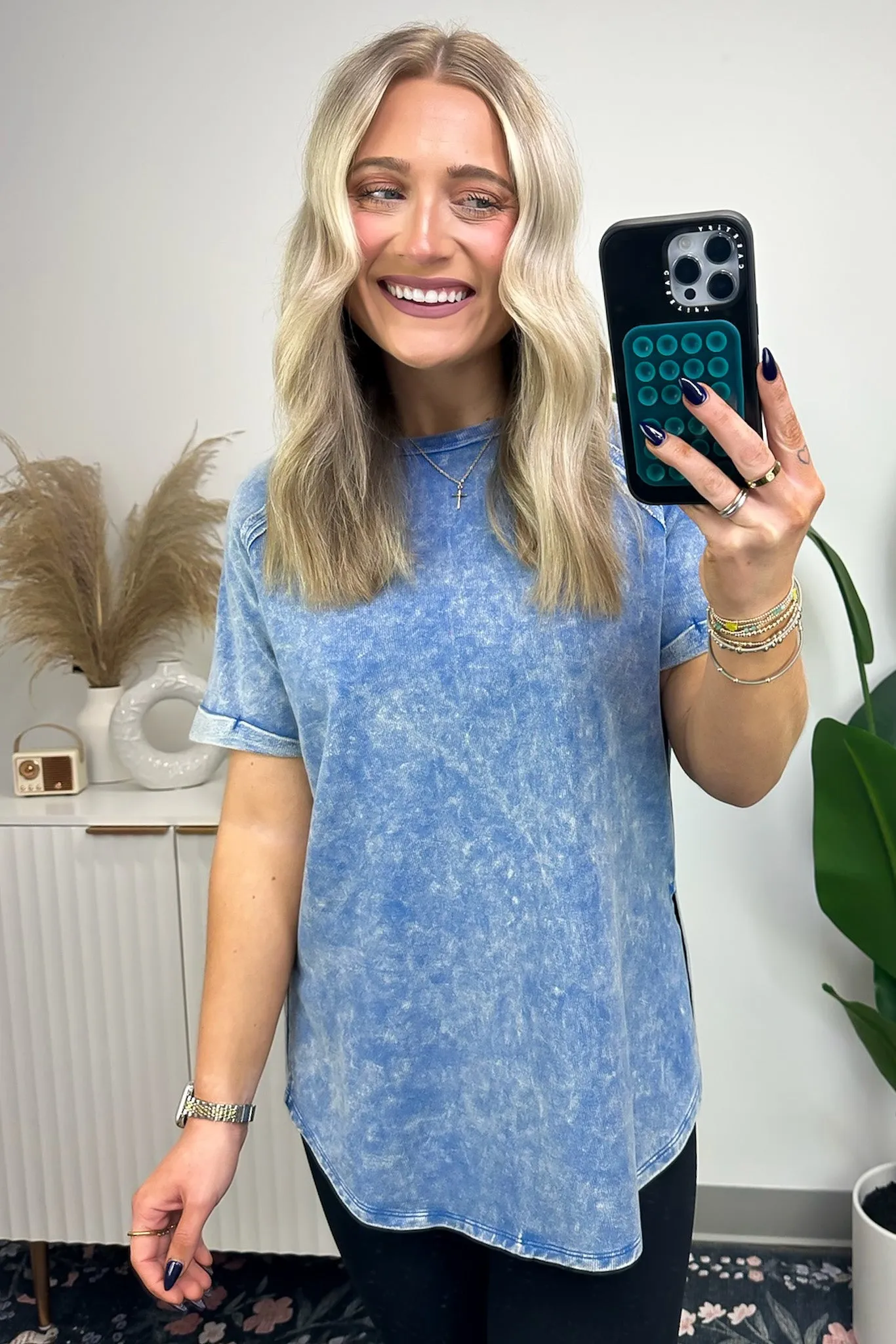 Ashlie Acid Wash Rolled Sleeve Top - BACK IN STOCK