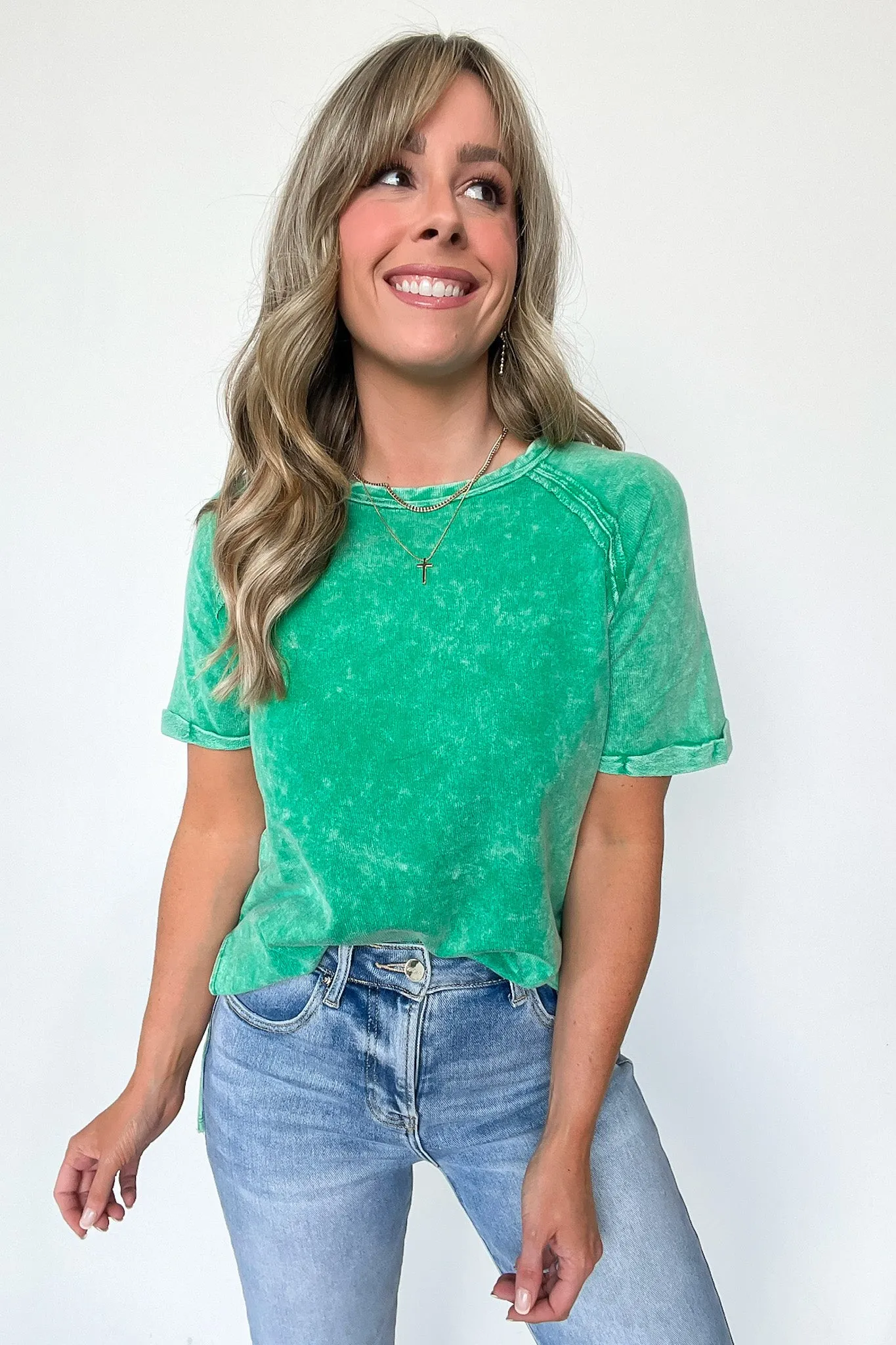 Ashlie Acid Wash Rolled Sleeve Top - BACK IN STOCK