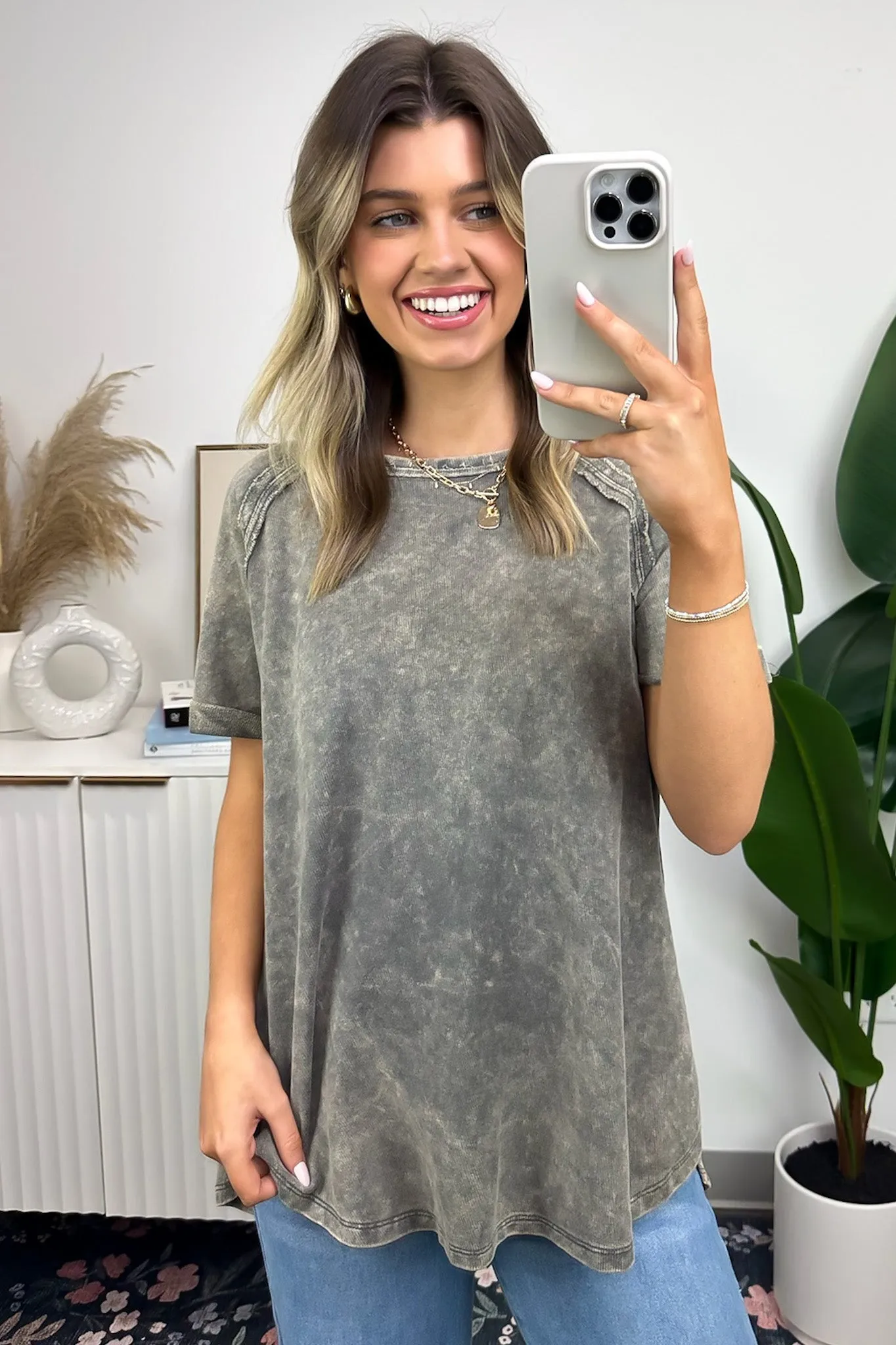 Ashlie Acid Wash Rolled Sleeve Top - BACK IN STOCK