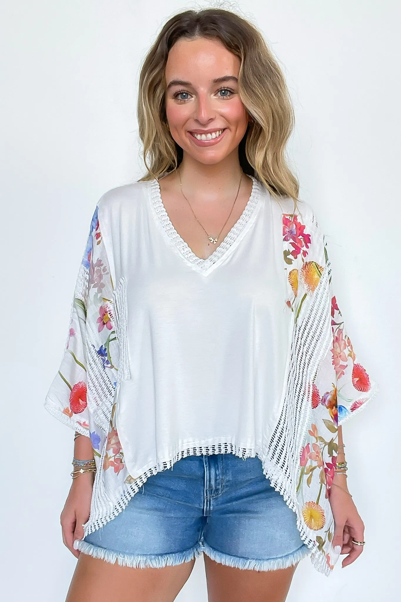 Boho Drift Oversize High Low Patchwork Floral Contrast Top