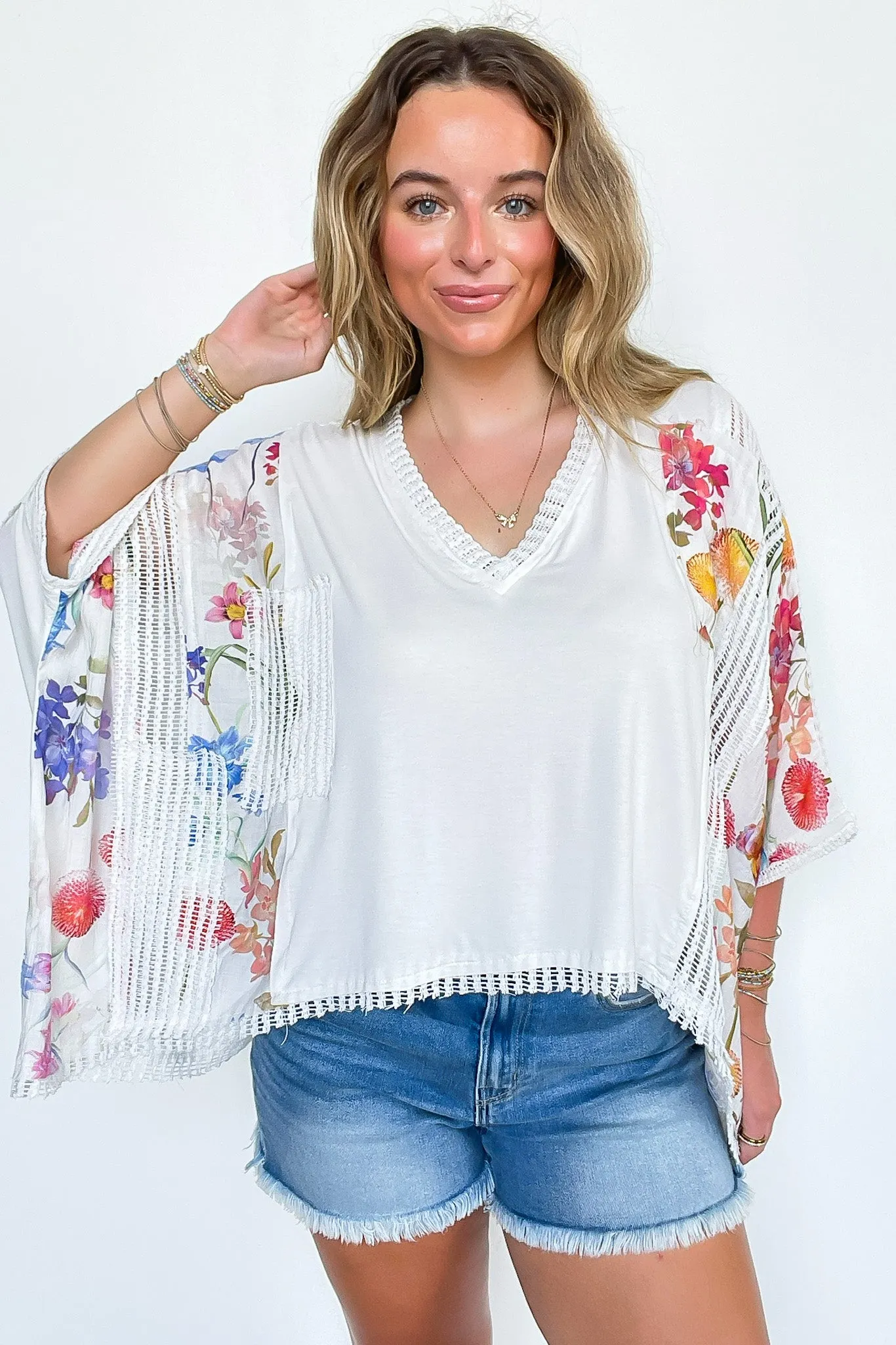 Boho Drift Oversize High Low Patchwork Floral Contrast Top