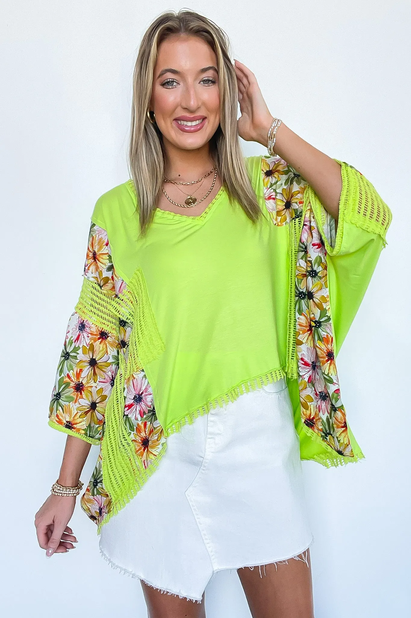 Boho Drift Oversize High Low Patchwork Floral Contrast Top