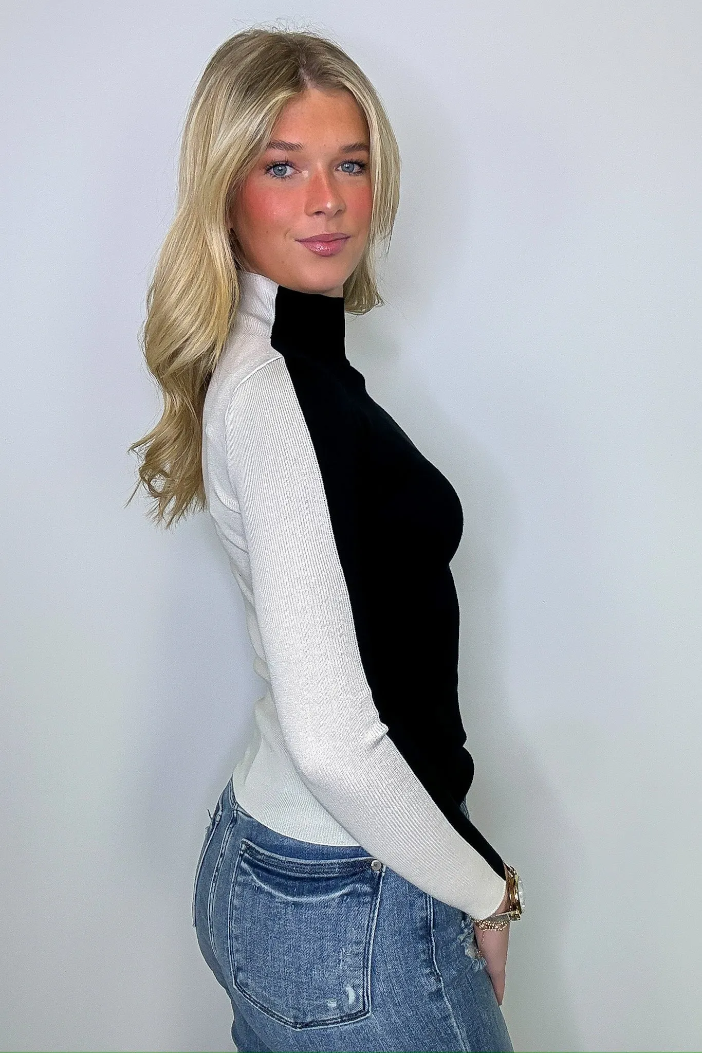 Bold Moves Two-Tone Color Block Mock Neck Sweater
