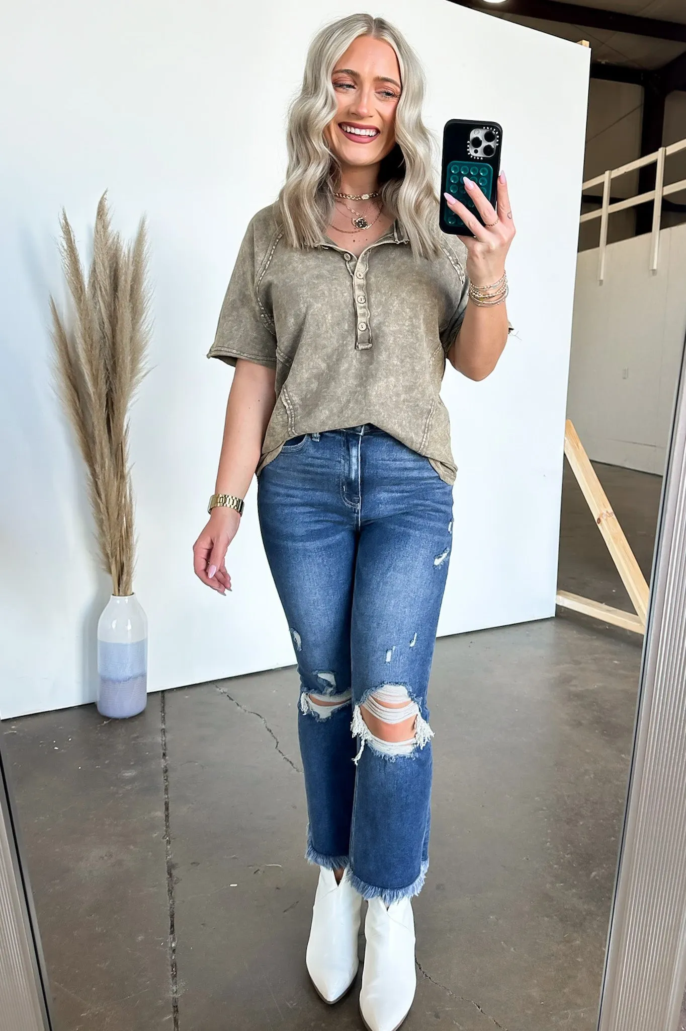 Caleb Acid Wash Raglan Button Henley Top - BACK IN STOCK