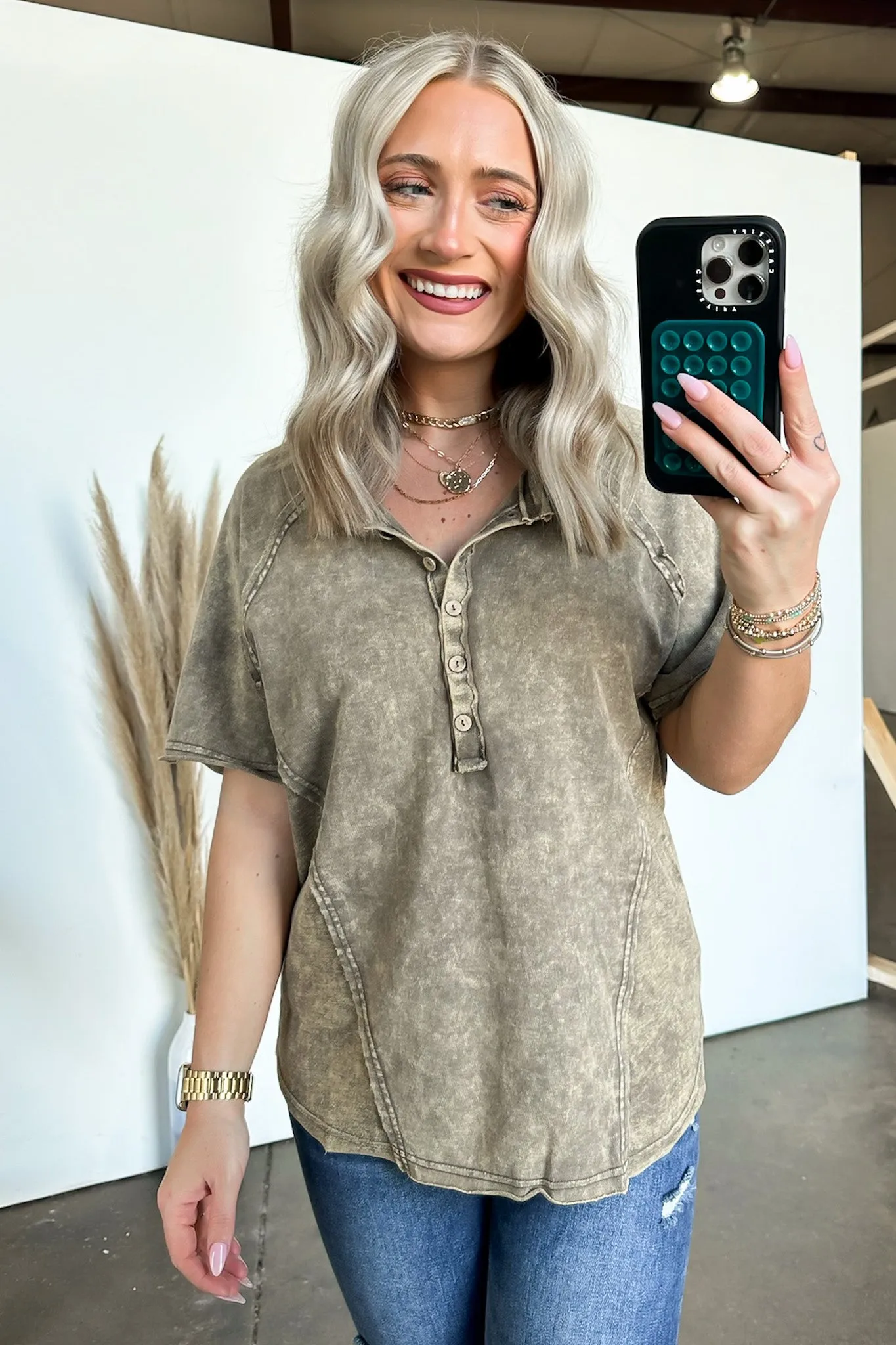 Caleb Acid Wash Raglan Button Henley Top - BACK IN STOCK