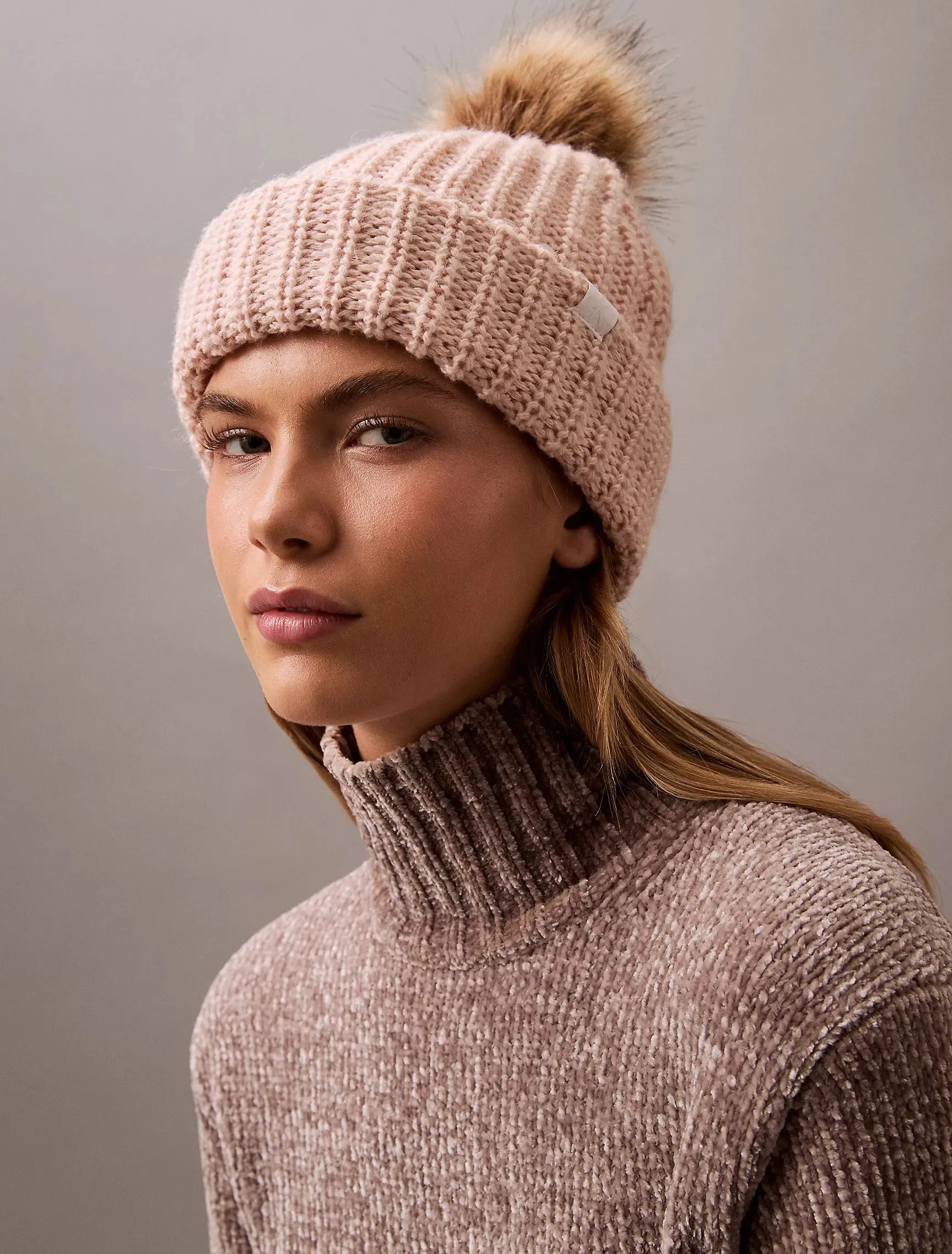 Calvin Klein Fleece Ribbed Pom-Pom Beanie - Women