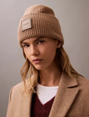 Calvin Klein Ribbed Monogram Logo Badge Beanie - Women