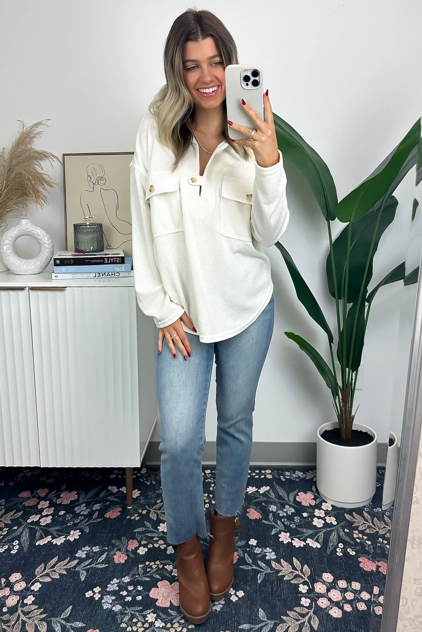 Cardonah V-Neck Tab Button Top - FINAL SALE