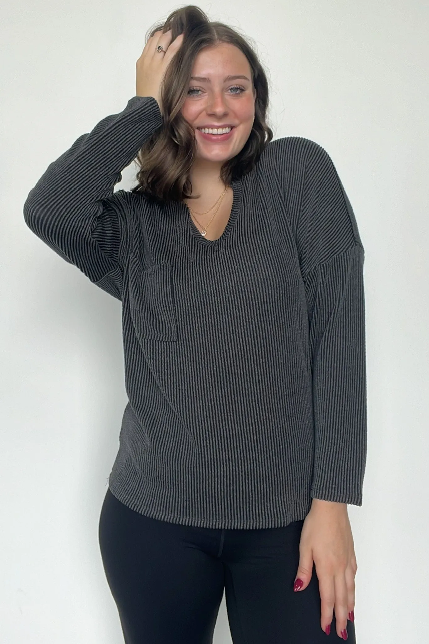Casual Chic Rib Knit Patch Pocket V-Neck Top - BACK IN STOCK