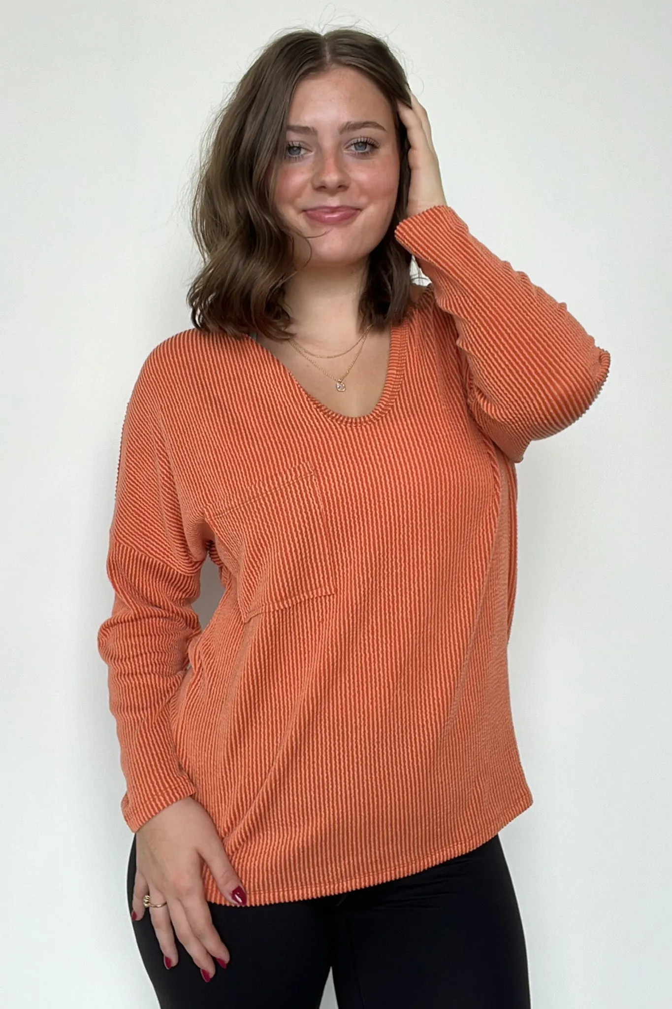 Casual Chic Rib Knit Patch Pocket V-Neck Top - BACK IN STOCK