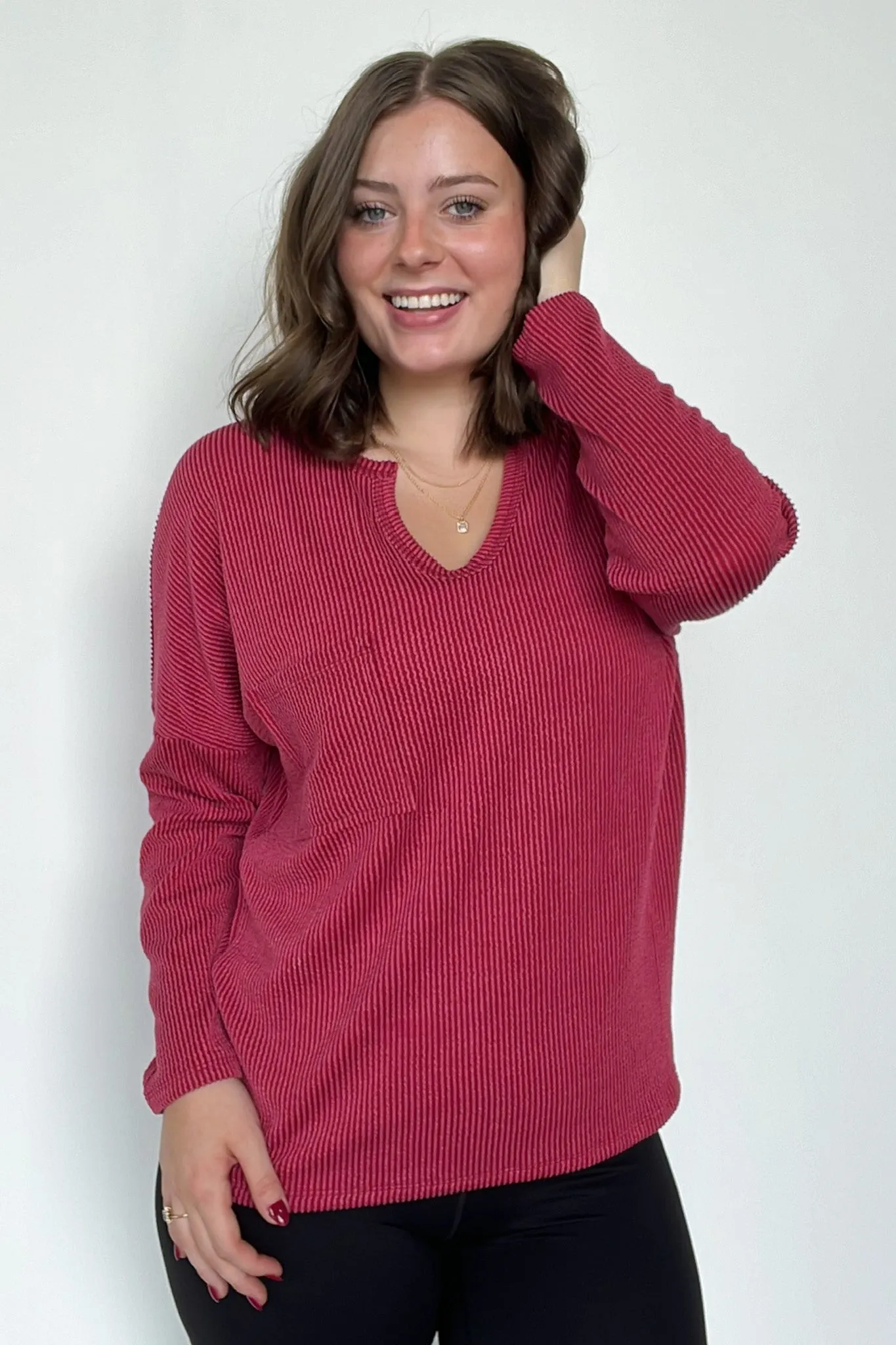 Casual Chic Rib Knit Patch Pocket V-Neck Top - BACK IN STOCK