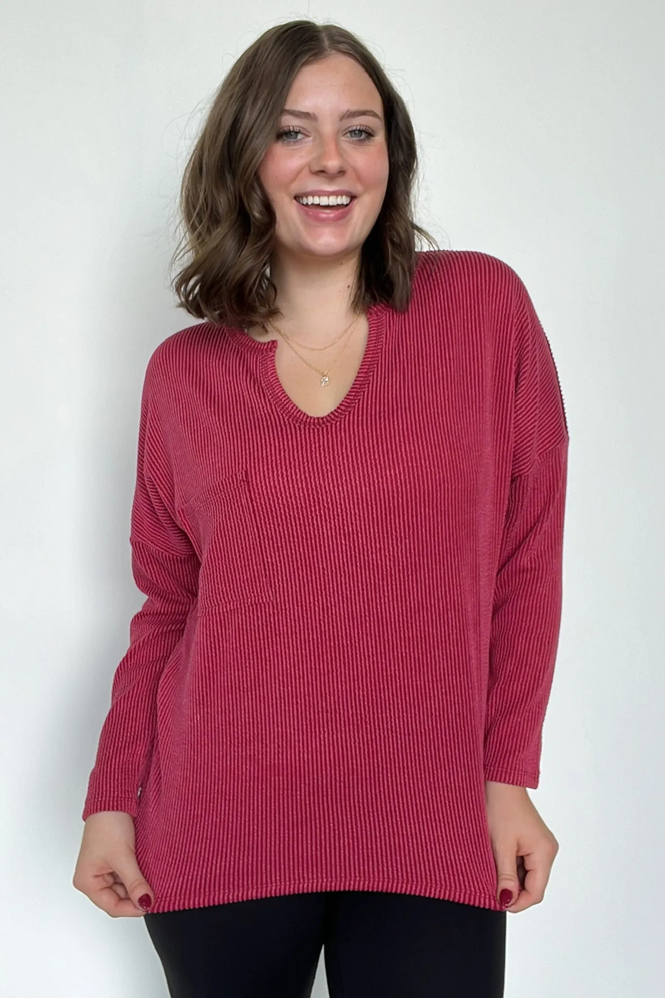 Casual Chic Rib Knit Patch Pocket V-Neck Top - BACK IN STOCK