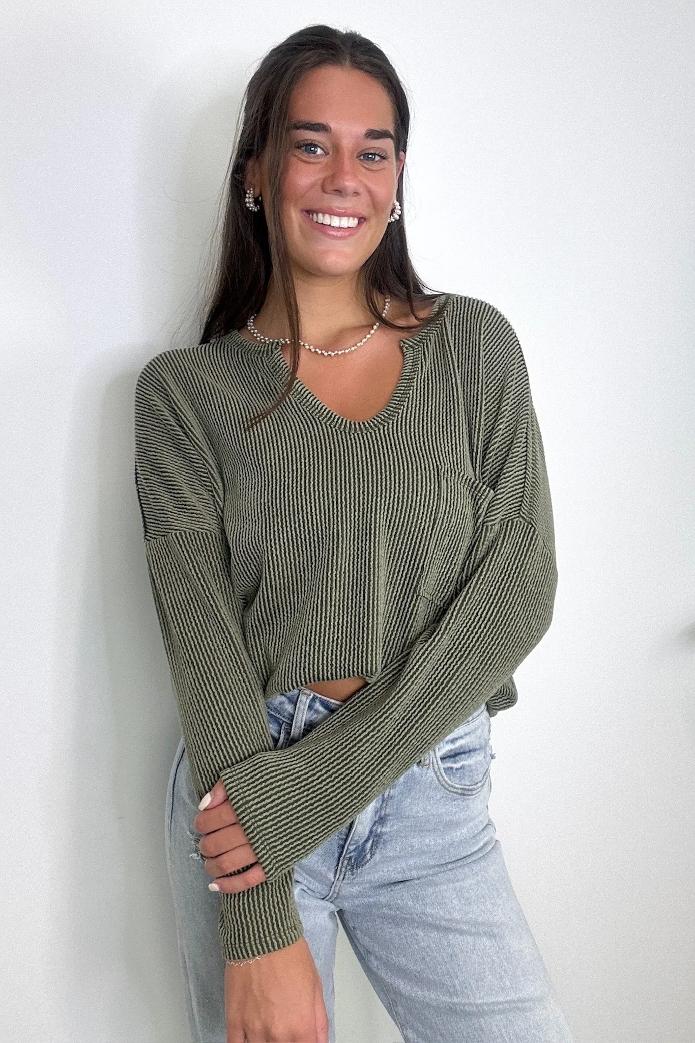Casual Chic Rib Knit Patch Pocket V-Neck Top - BACK IN STOCK