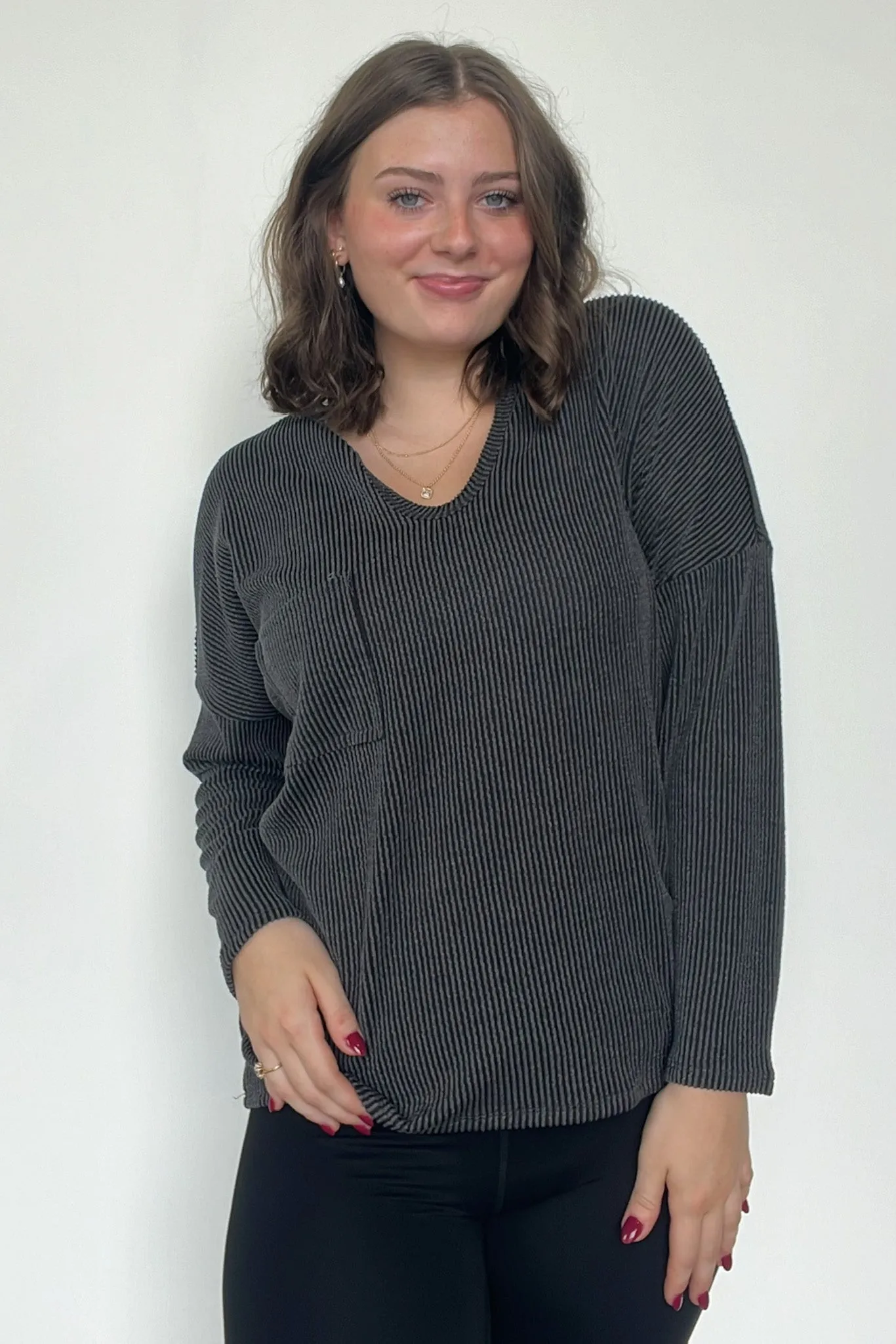 Casual Chic Rib Knit Patch Pocket V-Neck Top - BACK IN STOCK