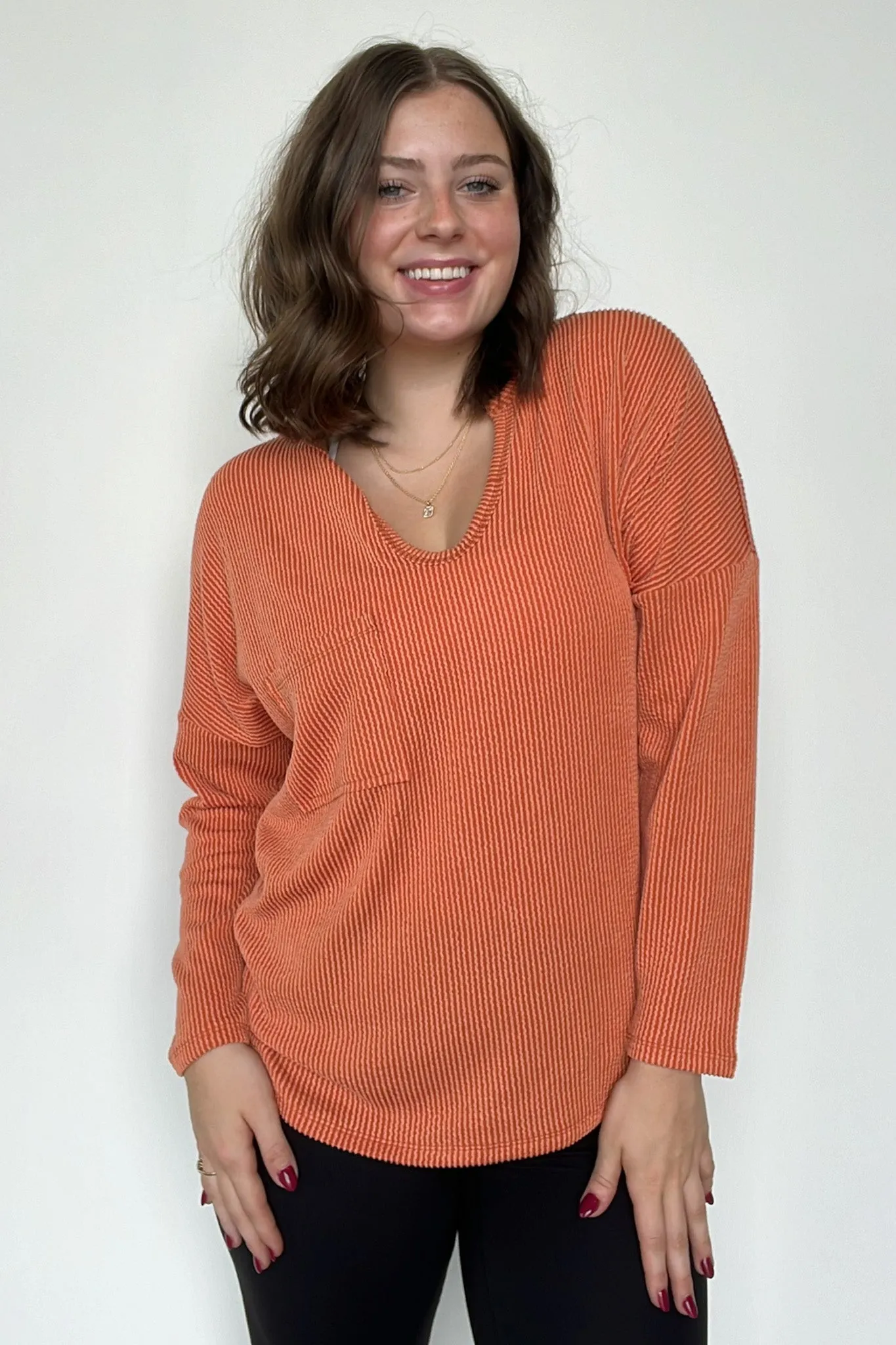 Casual Chic Rib Knit Patch Pocket V-Neck Top - BACK IN STOCK